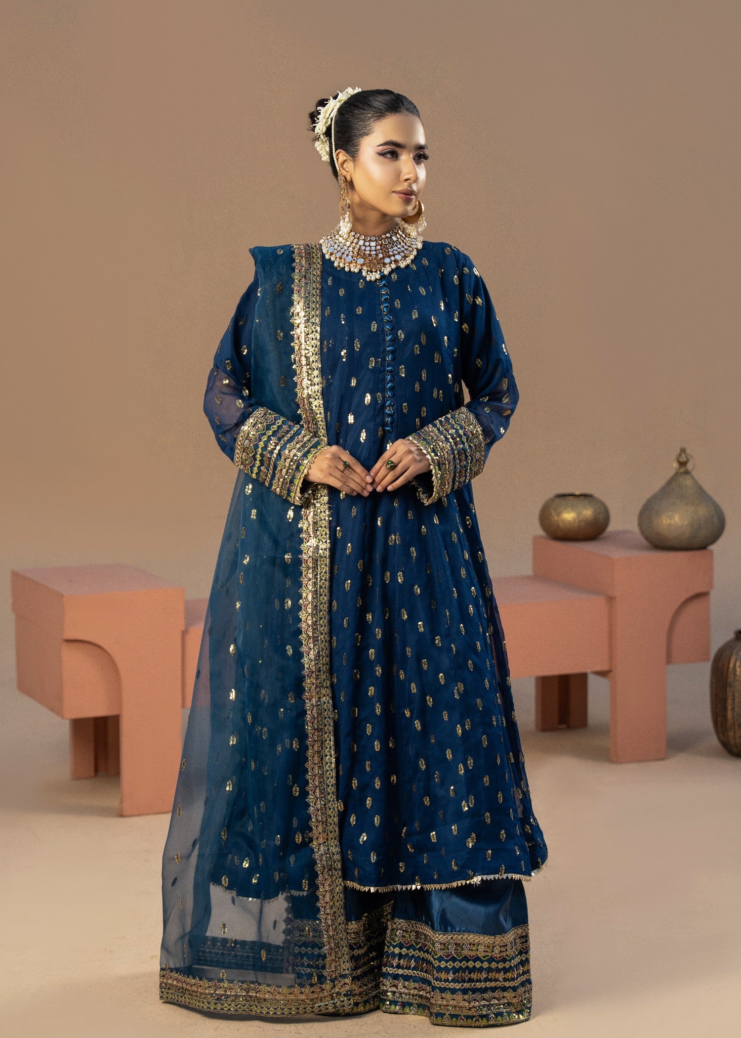chiffon Anarkali in Blue jay