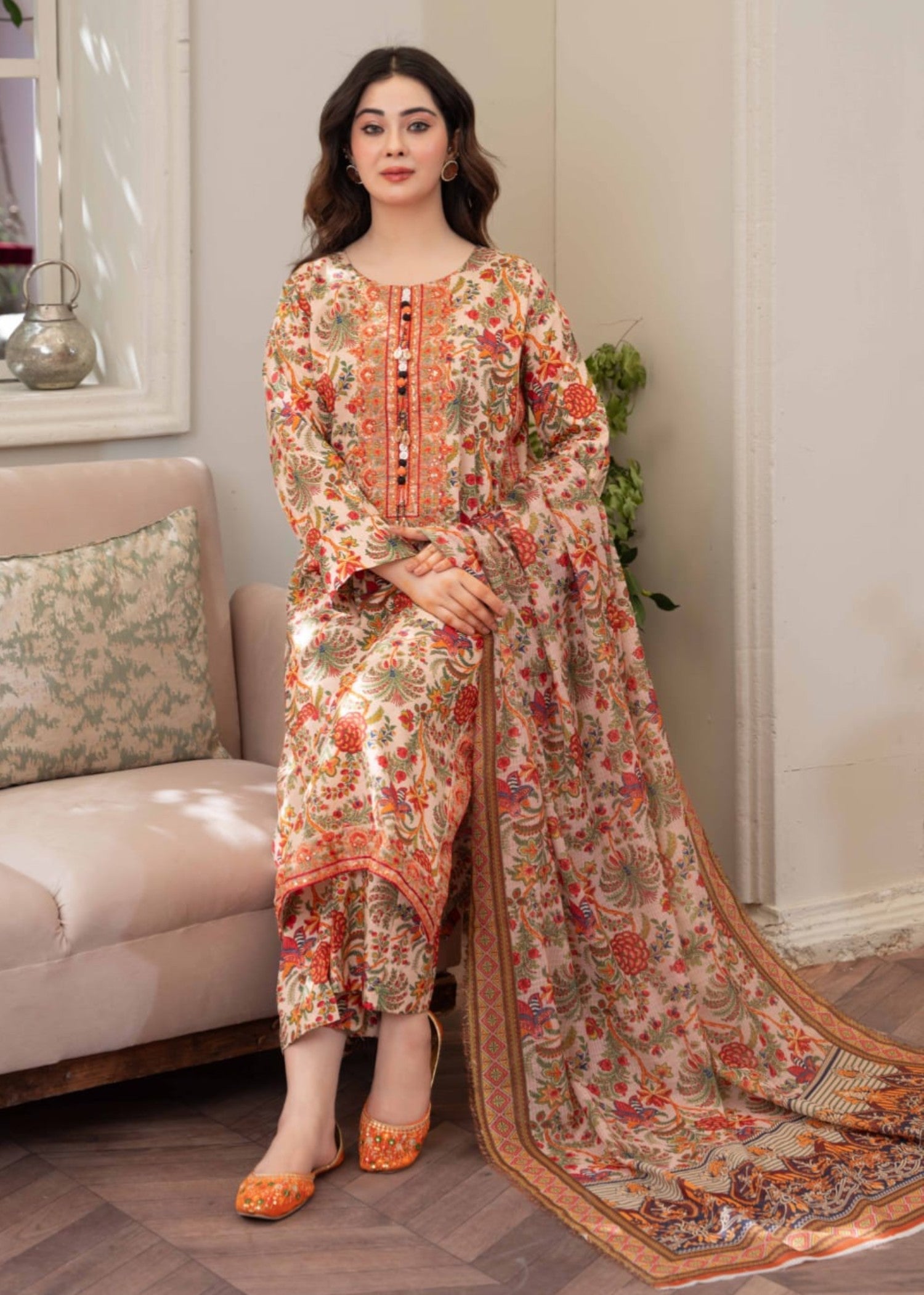 lawn cotton Kurta Set in Beige