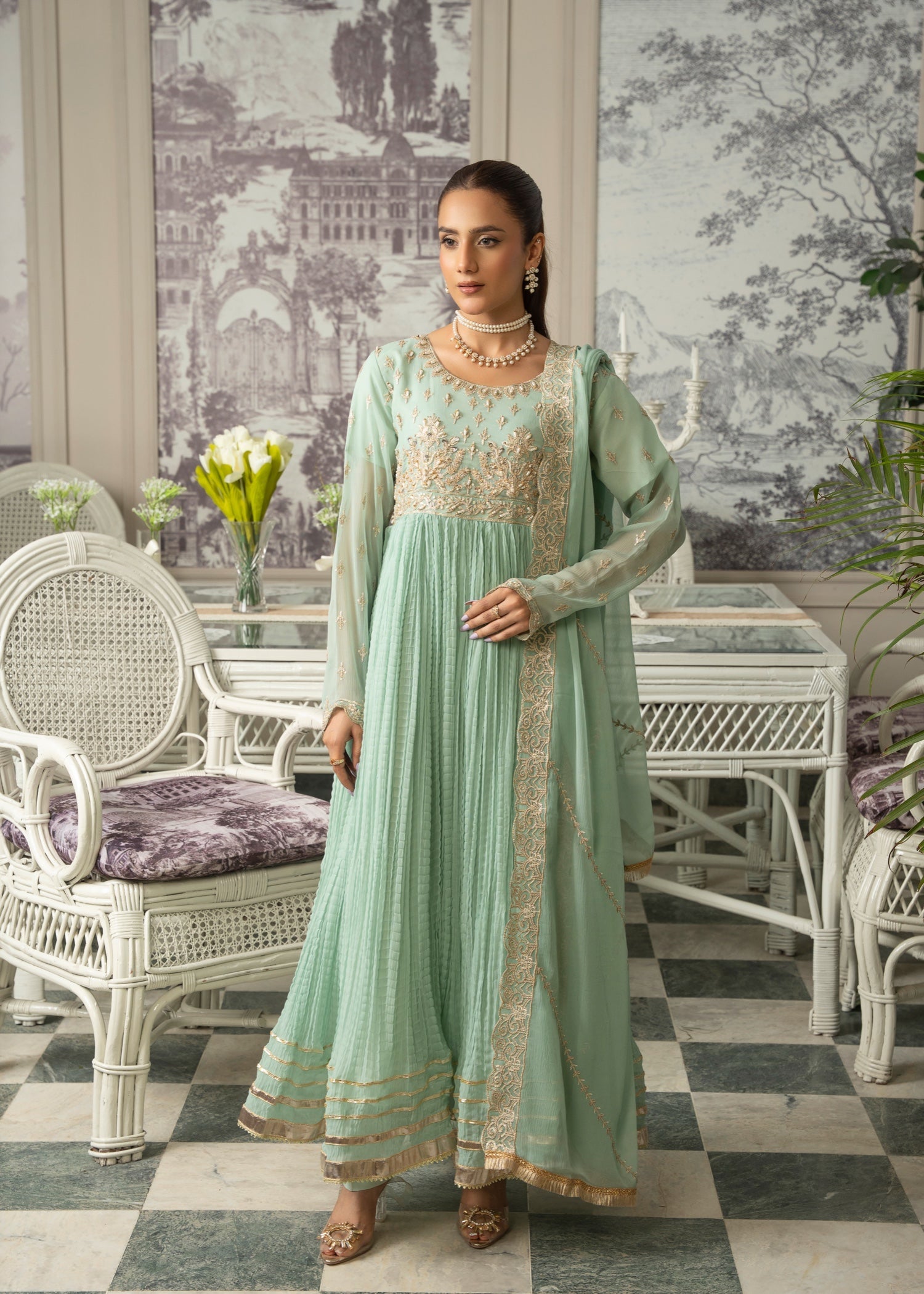 chiffon Pishwas in Mint green