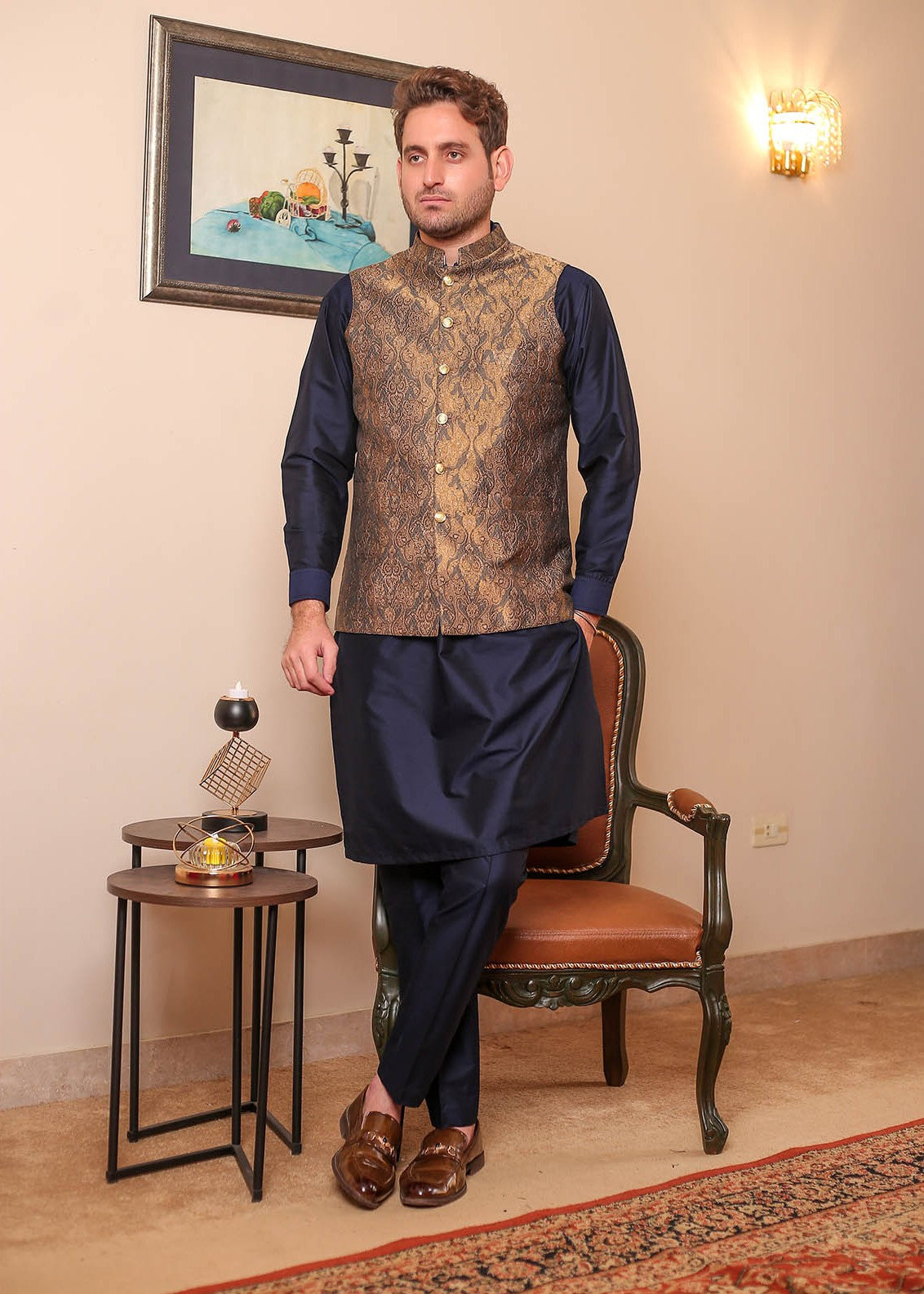 banarsi silk Waistcoat in Brown