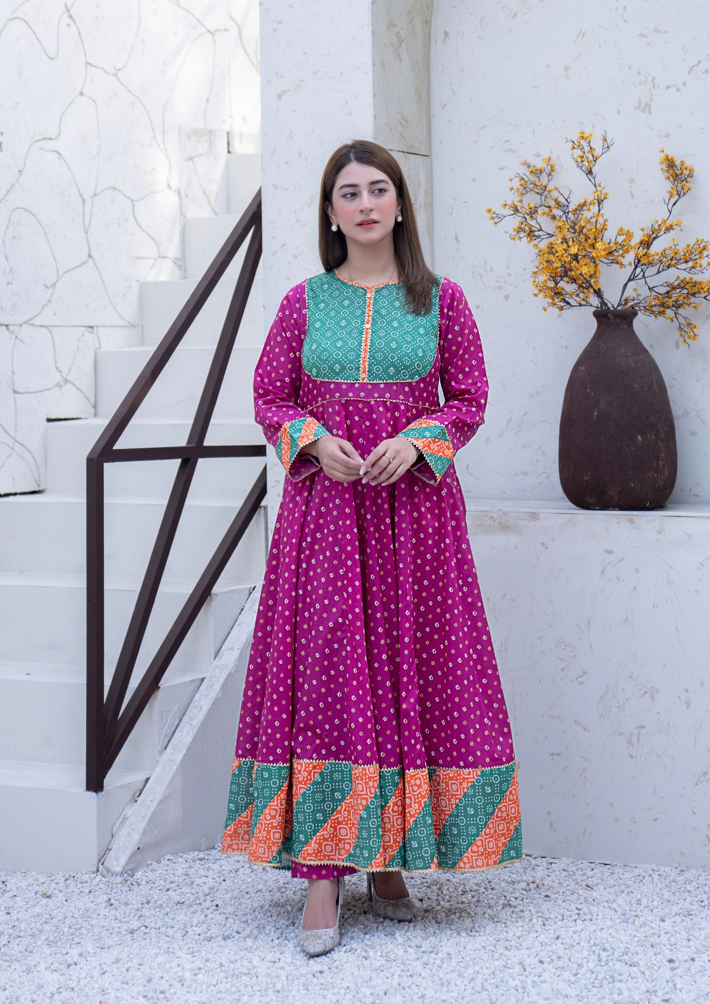 lawn Pishwas in Sea green, magenta haze