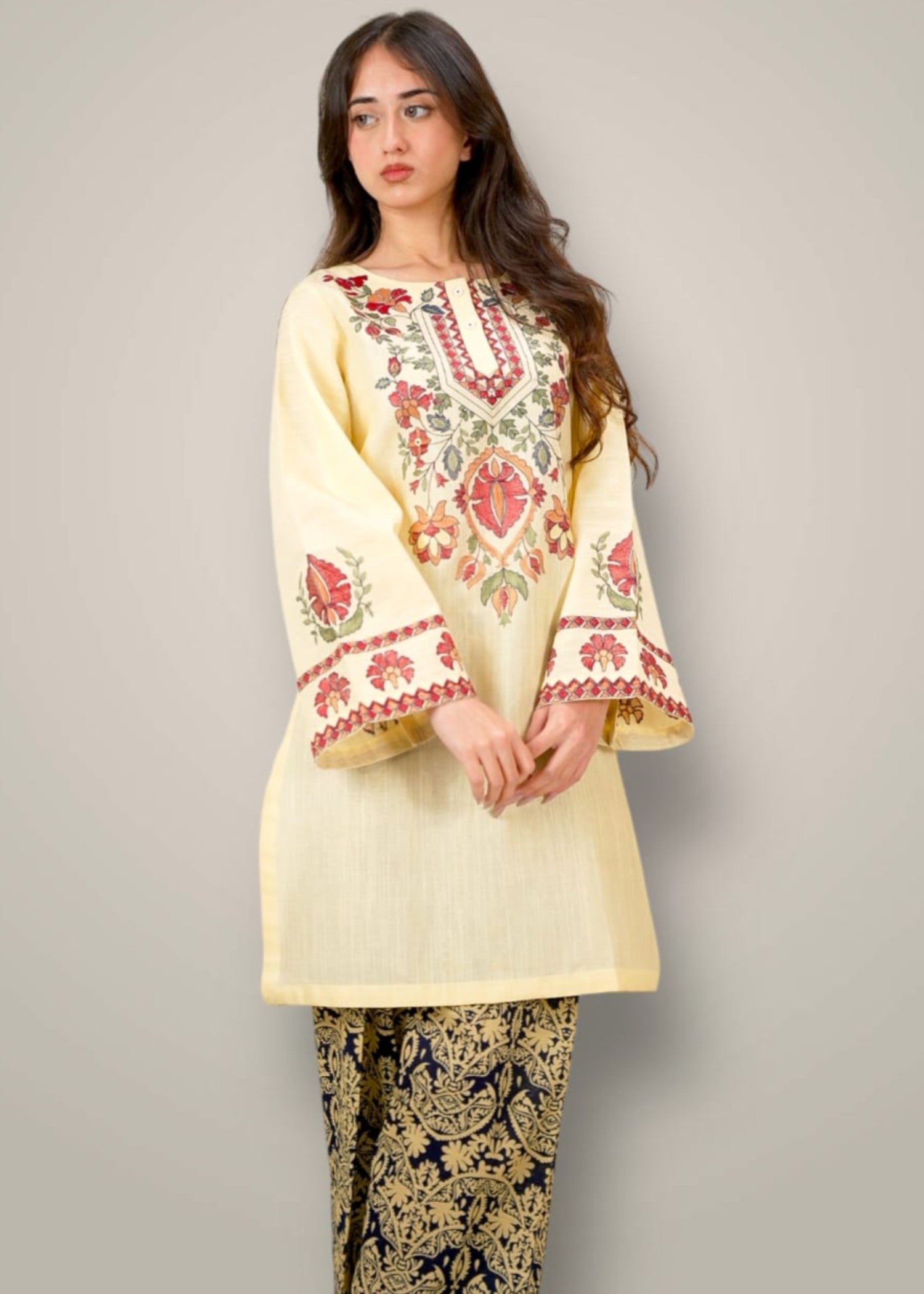 khaddar Kurta Set in Buttercream