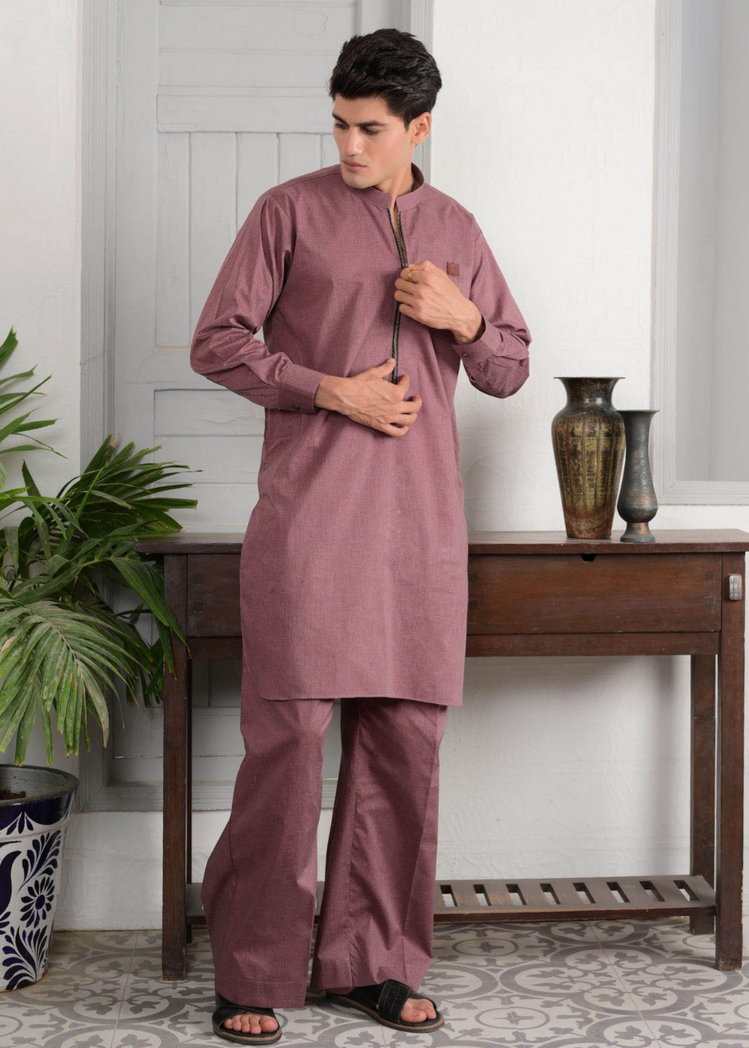irish linen Kurta Set in Maroon