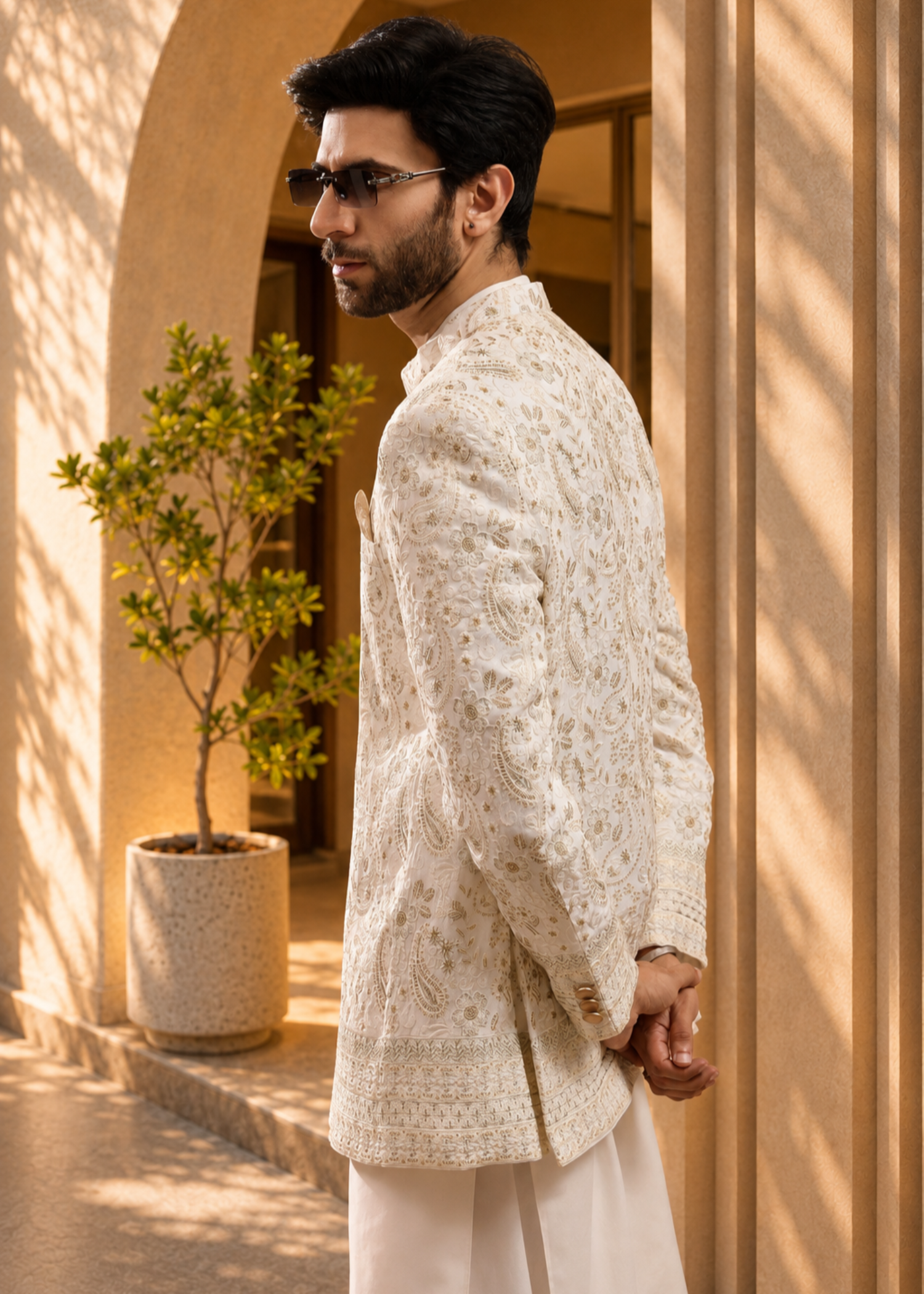 jamawar Prince Coat in Off-white