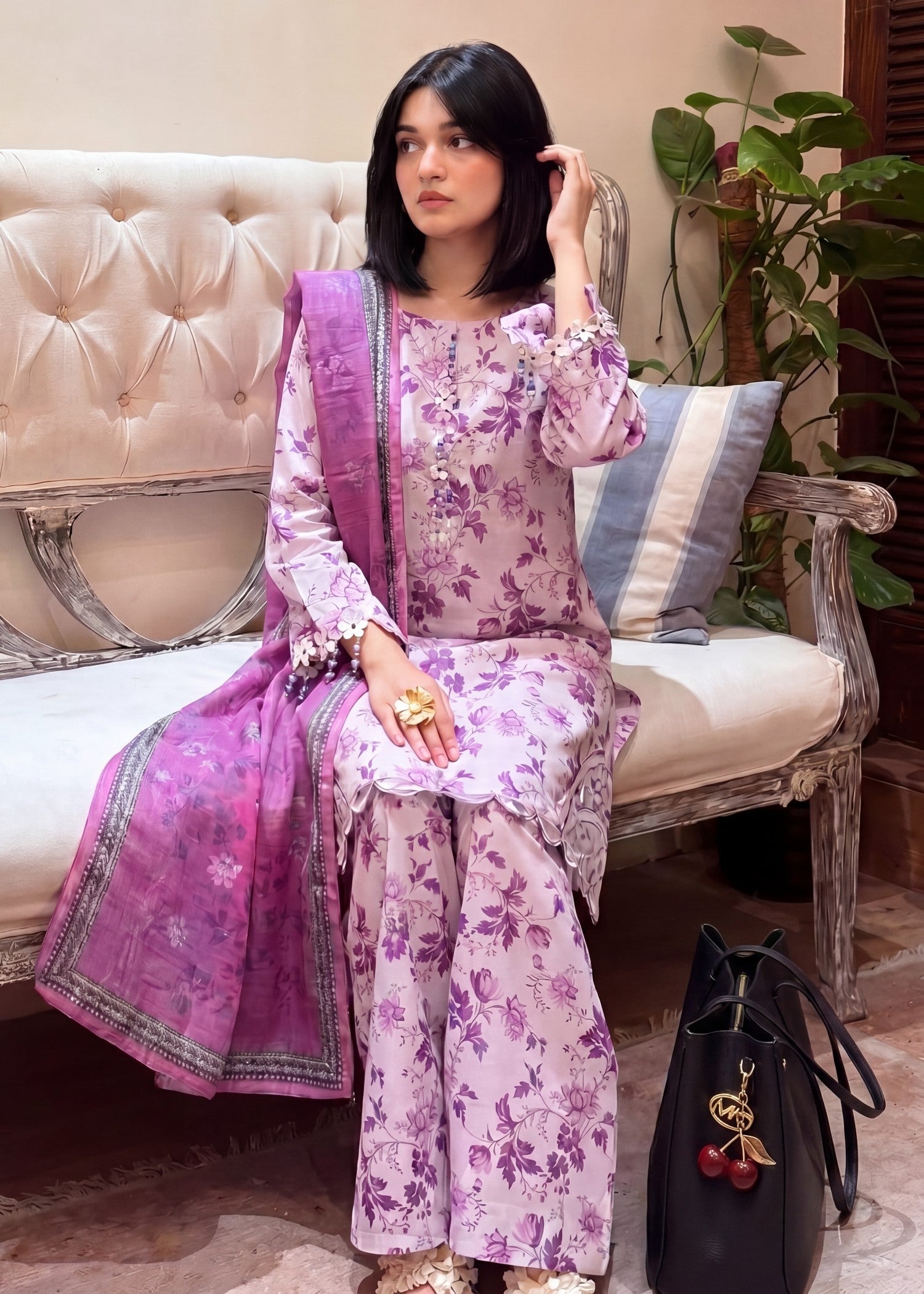 textured lawn Kurta Set in Lilac, purple mountain majesty