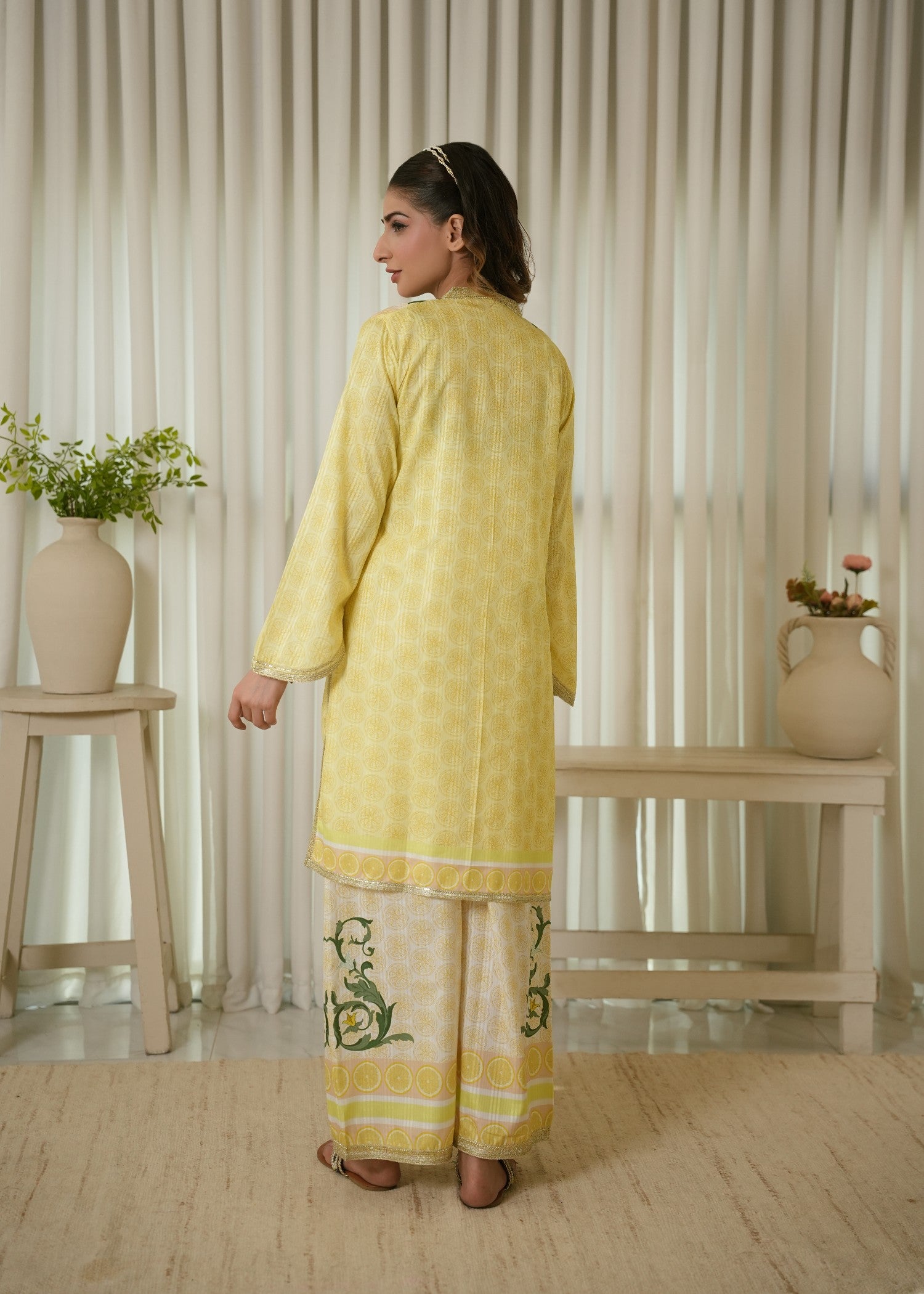 textured lawn Co Ord Sets in Dark green, white, lemon