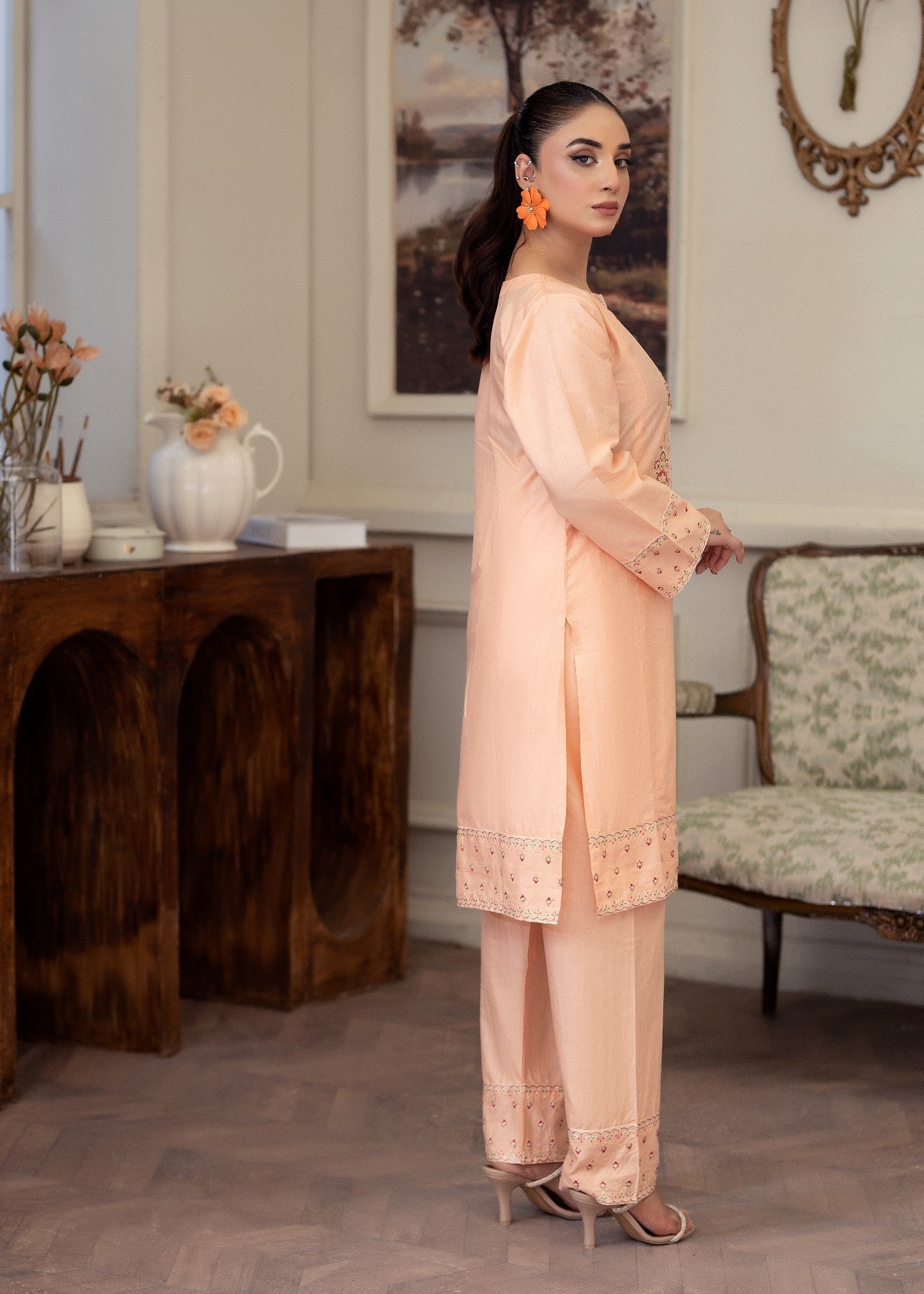 lawn cotton Kurta Set in Peach pink
