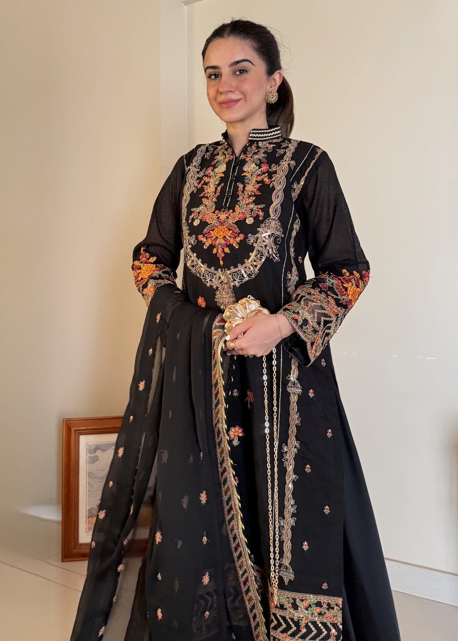 khaddi net Kurta Set in Jet black