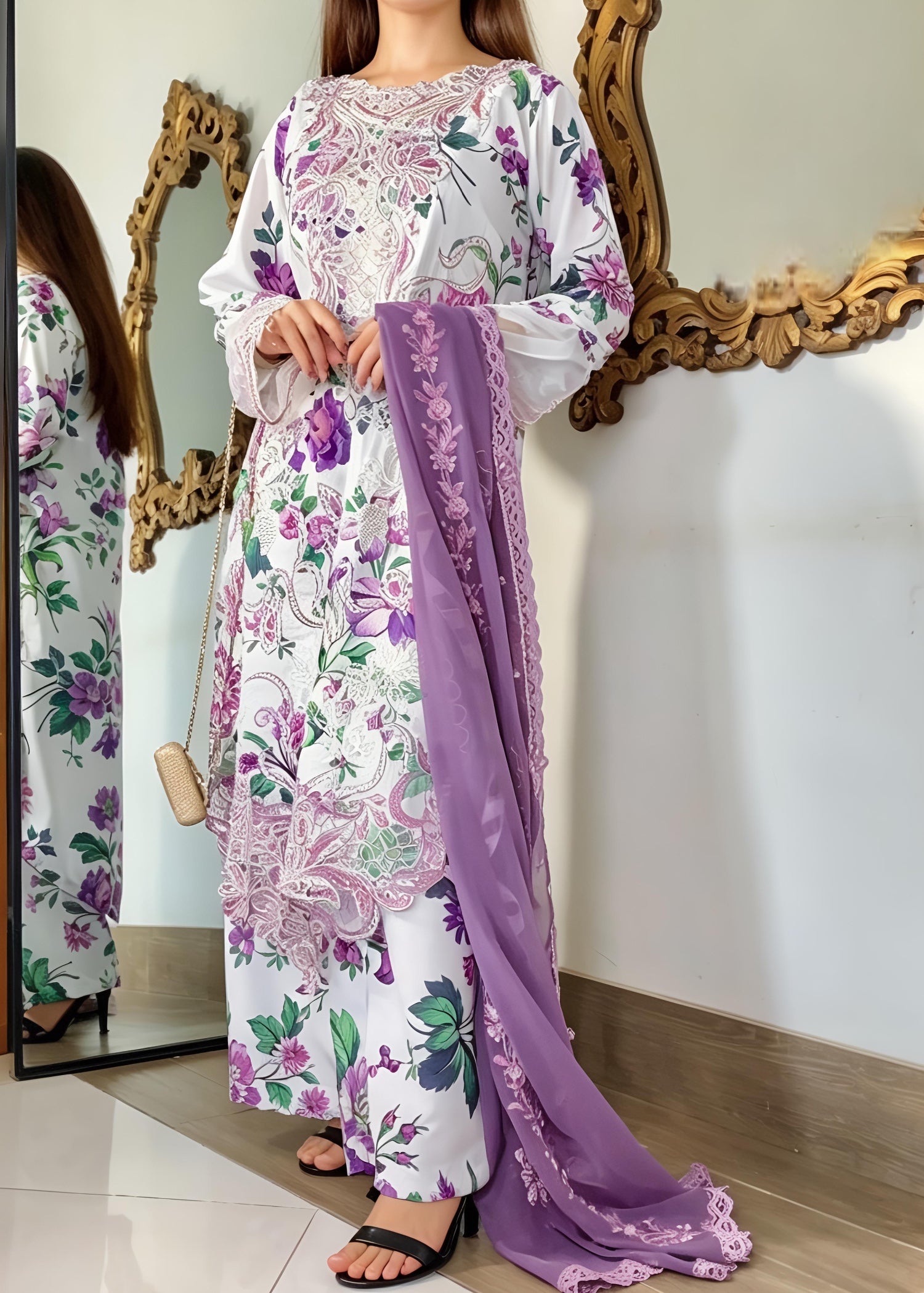 lawn Kurta Set in Purple, white
