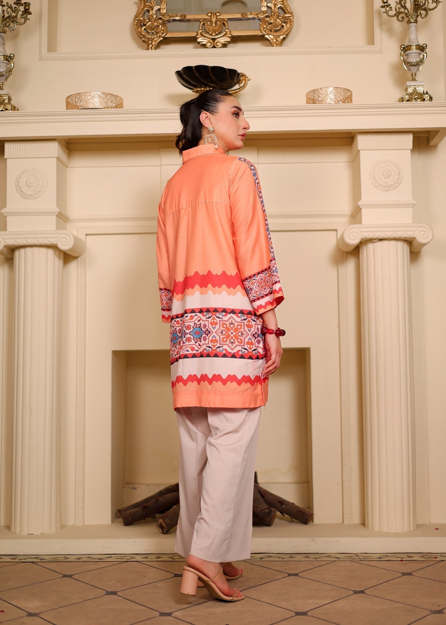 cambric Kurta Set in Peach orange