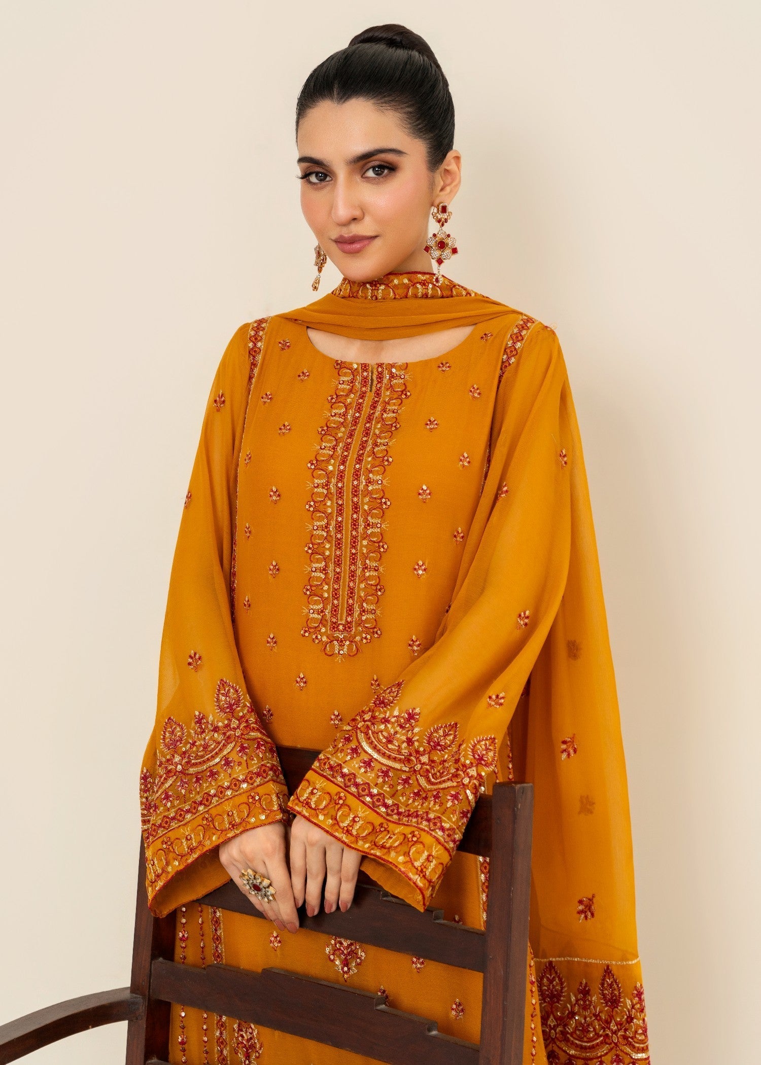 chiffon Kurta Set in Pumpkin orange