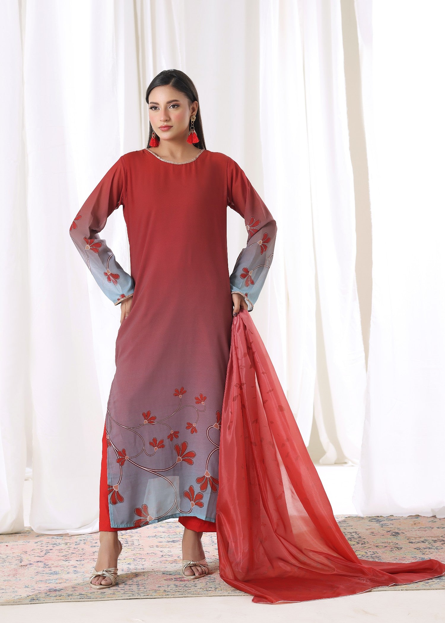 chiffon Kurta Set in Amaranth