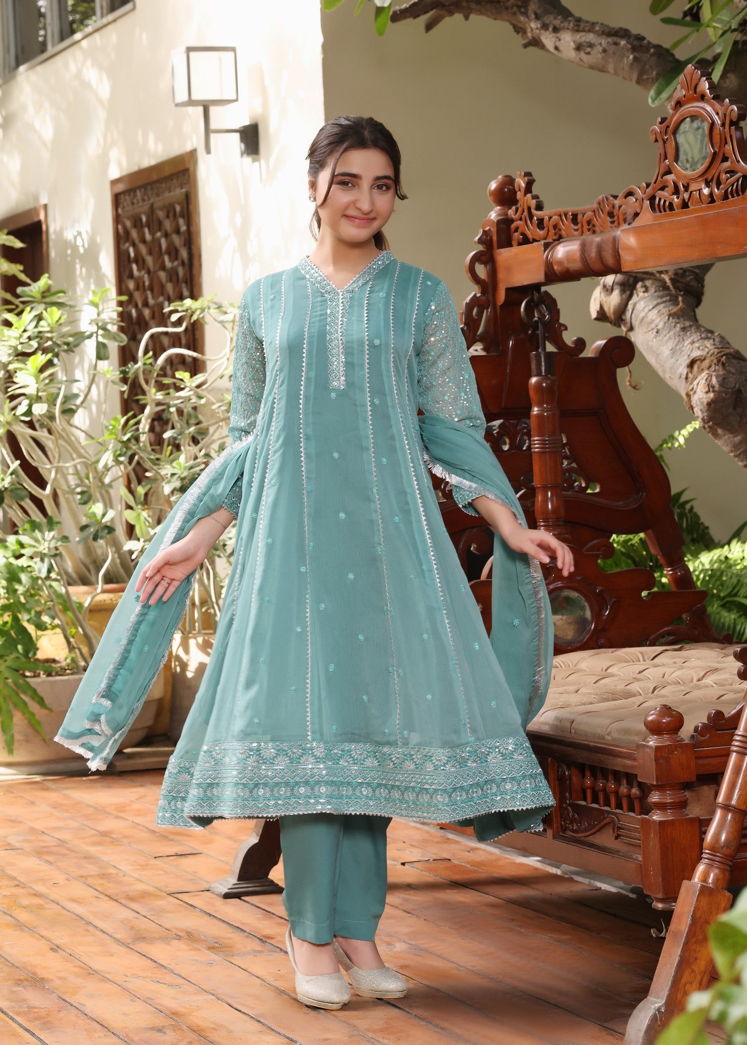 chiffon Pishwas in Sea green