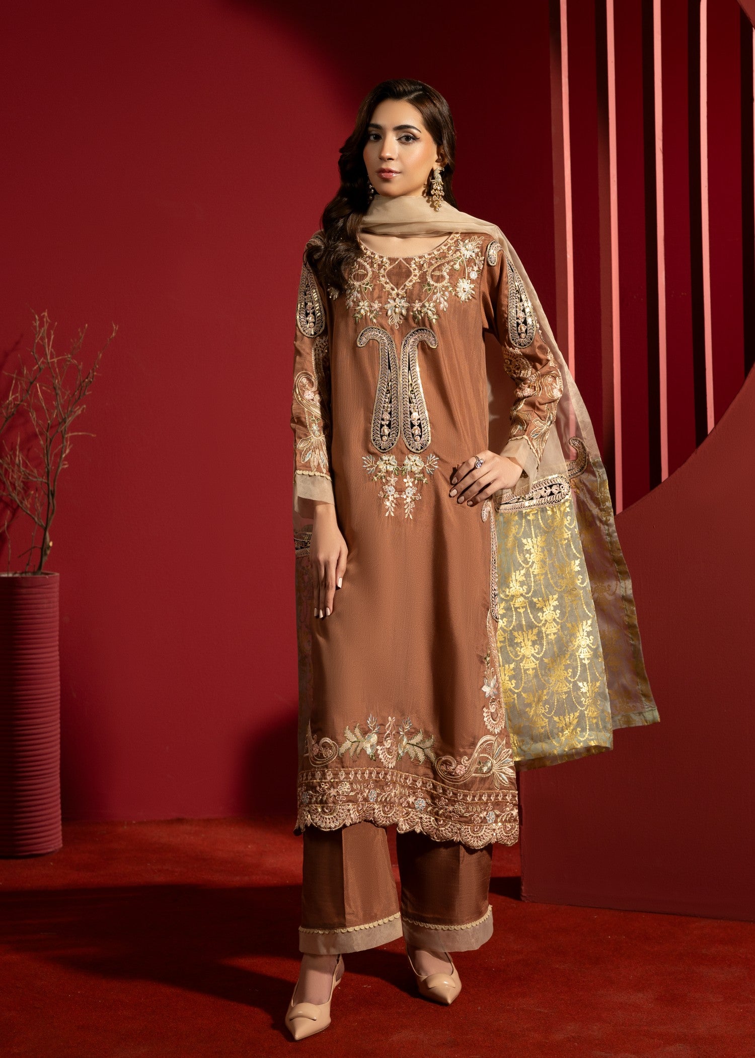 raw silk Kurta Set in Coffee brown