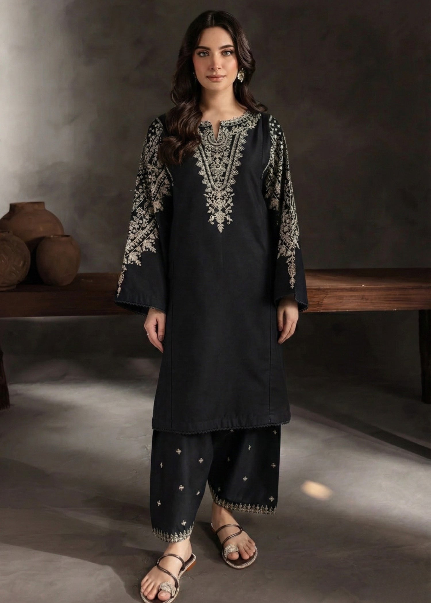 cambric Kurta Set in Black