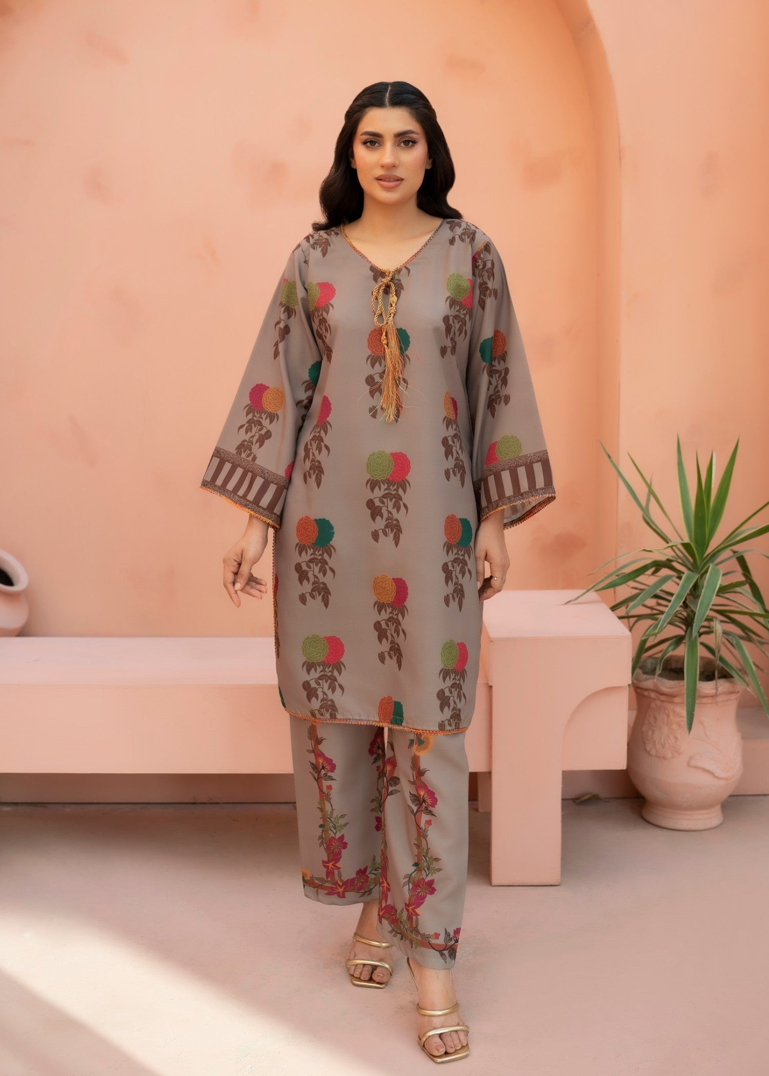 poly lawn Kurta Set in Brown