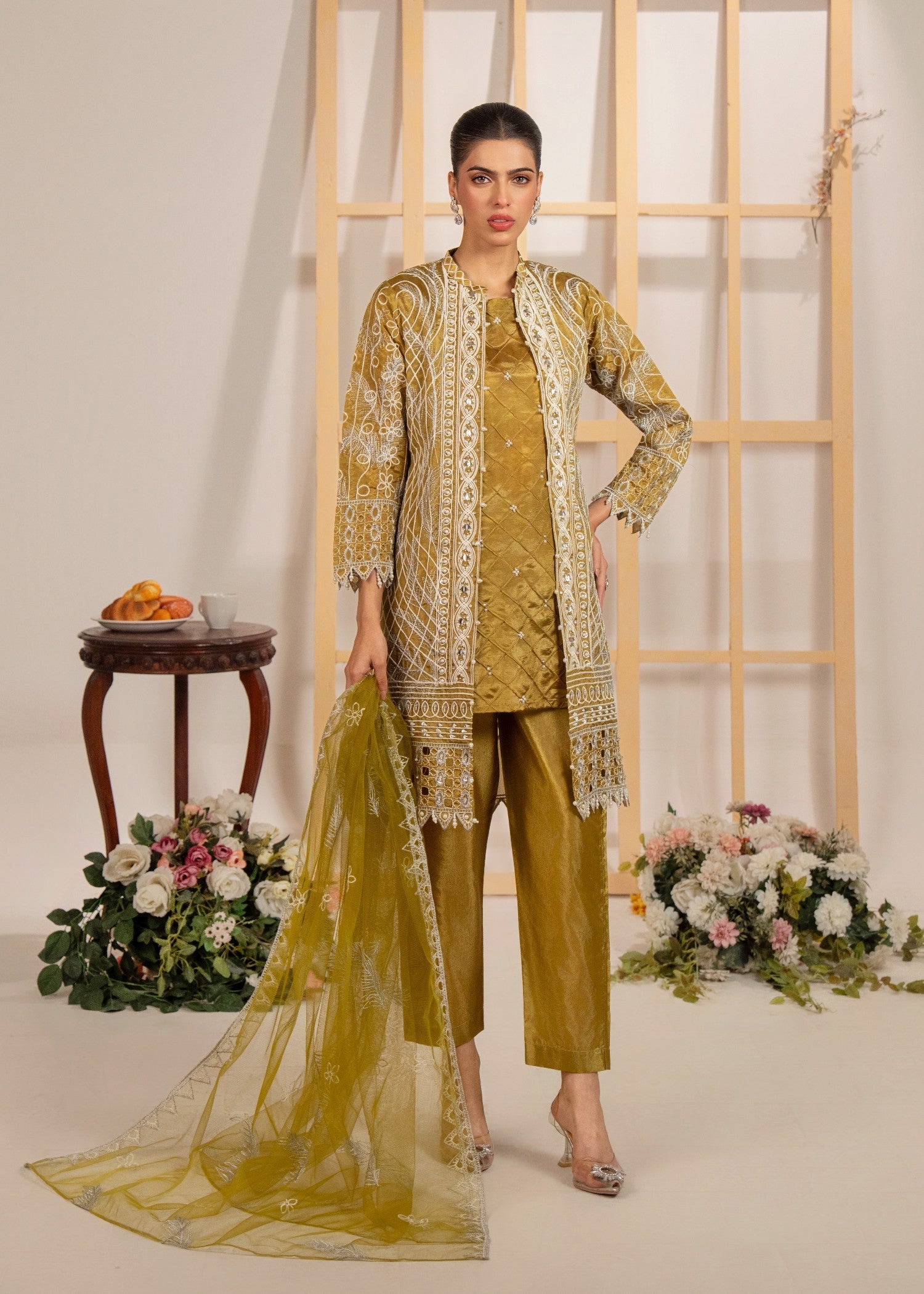 raw silk Gown in Olive green