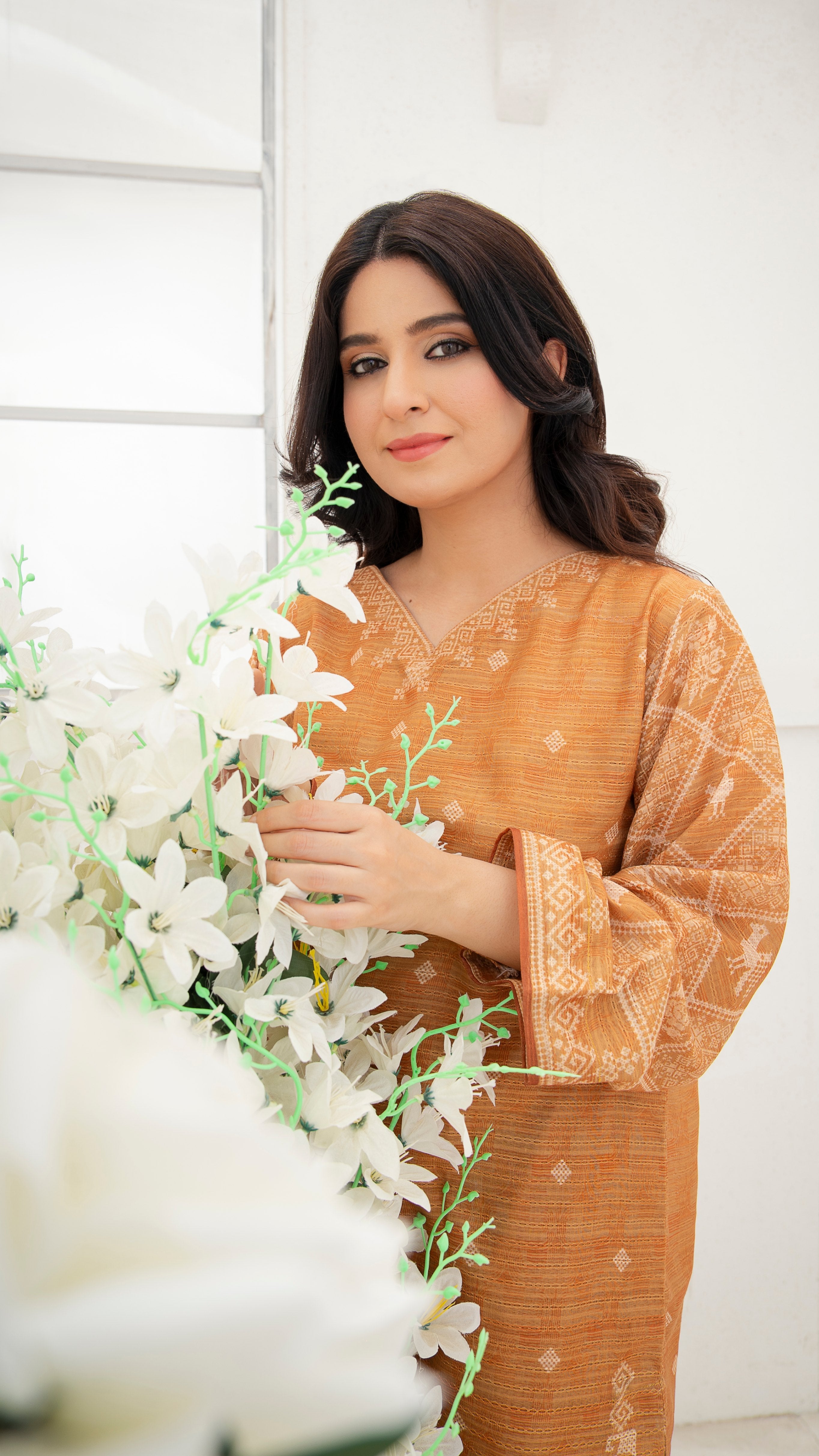 leno kara Kurta Set in Mustard