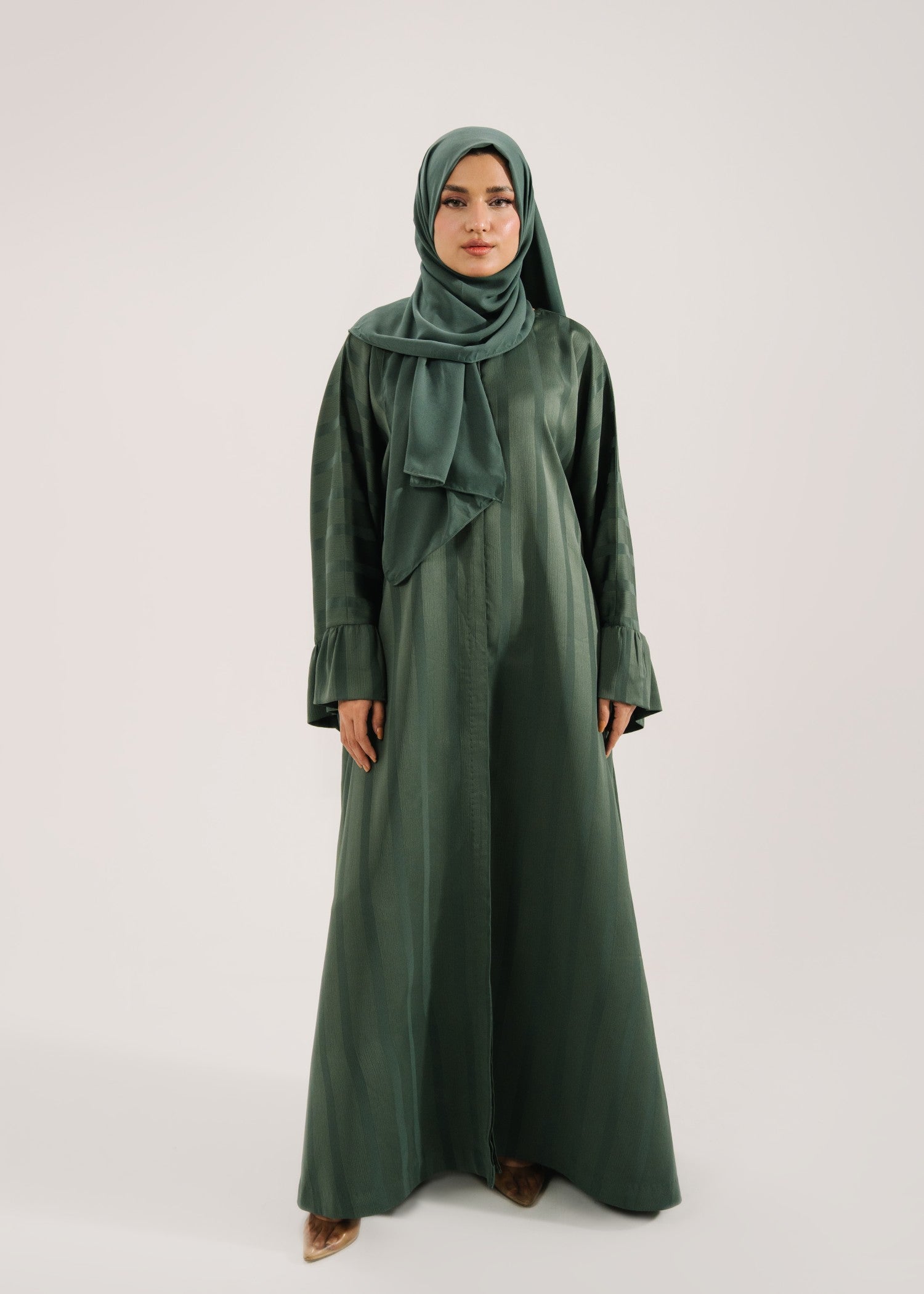 self-textured organza Abaya in Bottle green