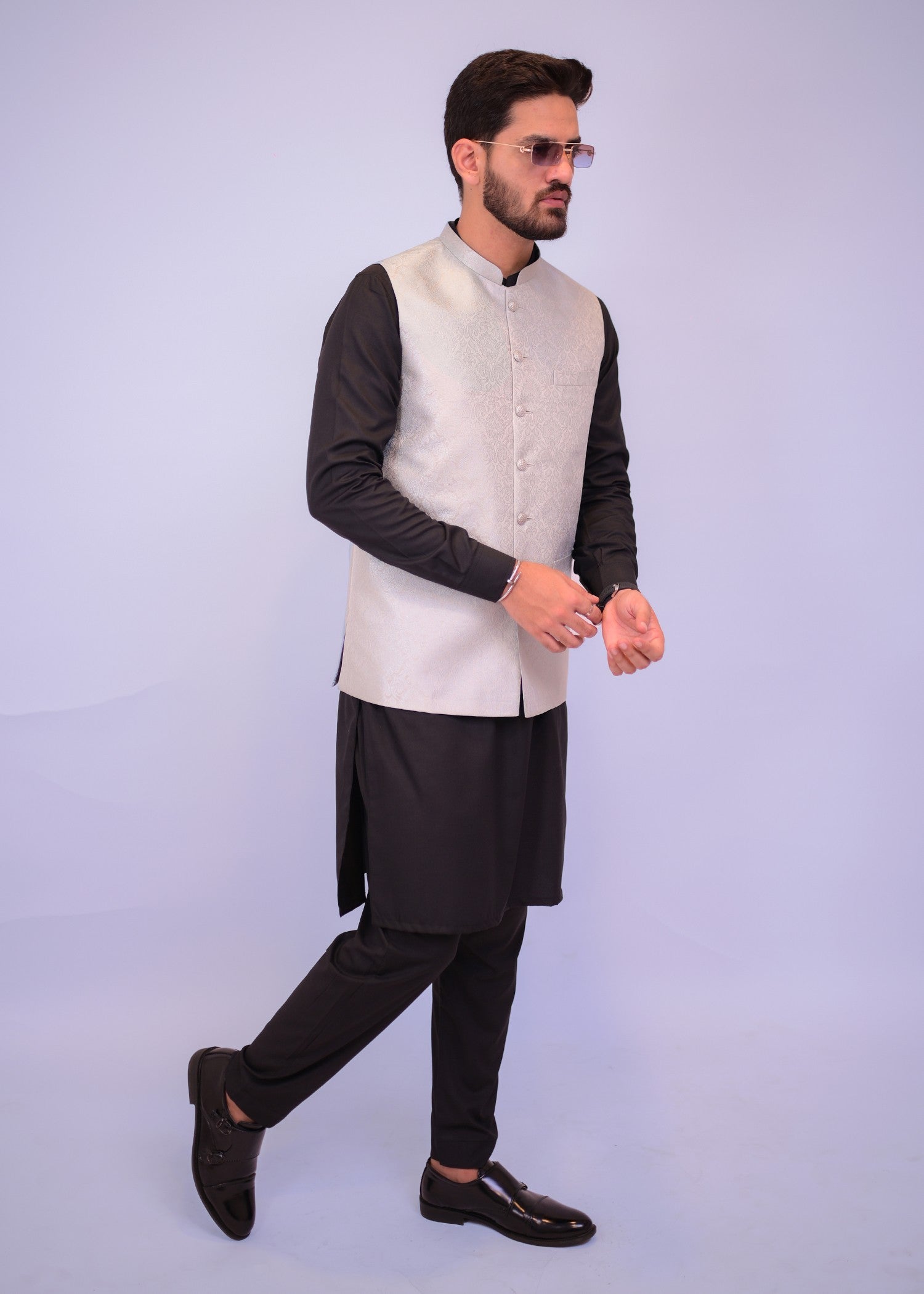 jamawar Waistcoat in Silver