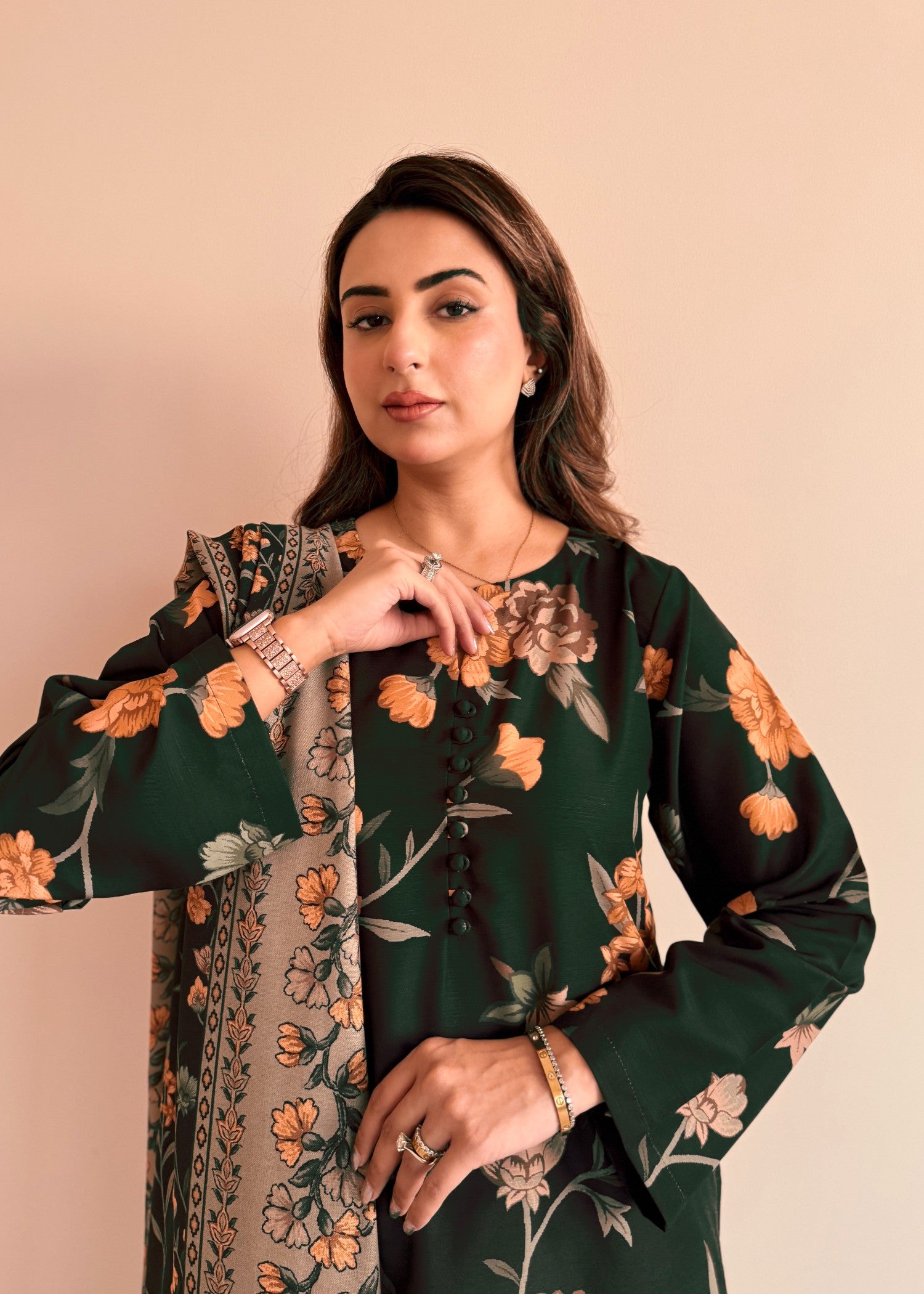 khaddar Kurta Set in Dark green