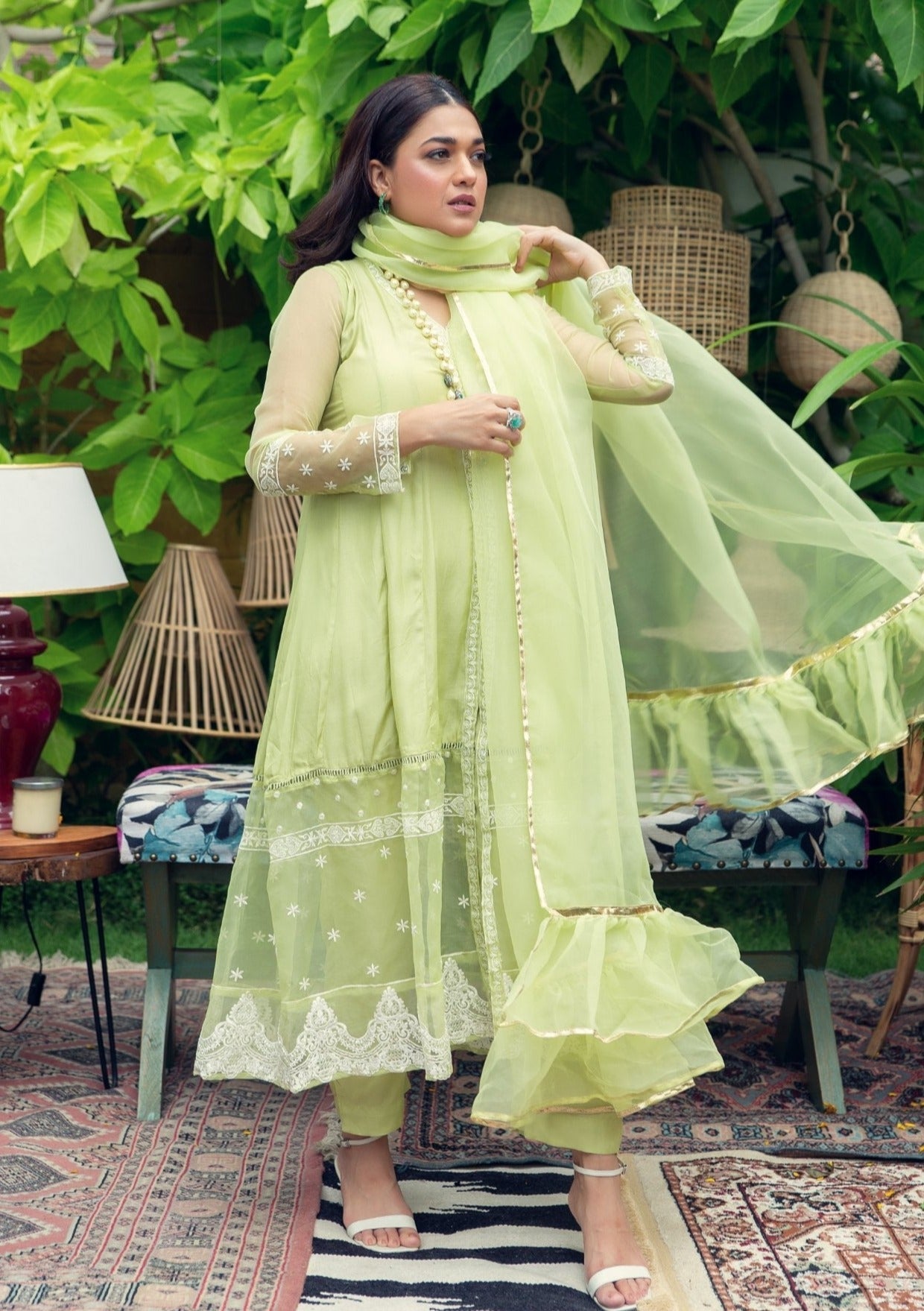 cotton silk Pishwas in Pastel green