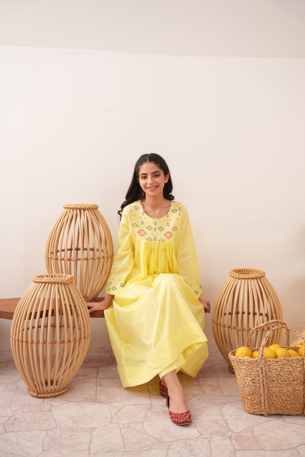 lawn cotton Anarkali in Lemon