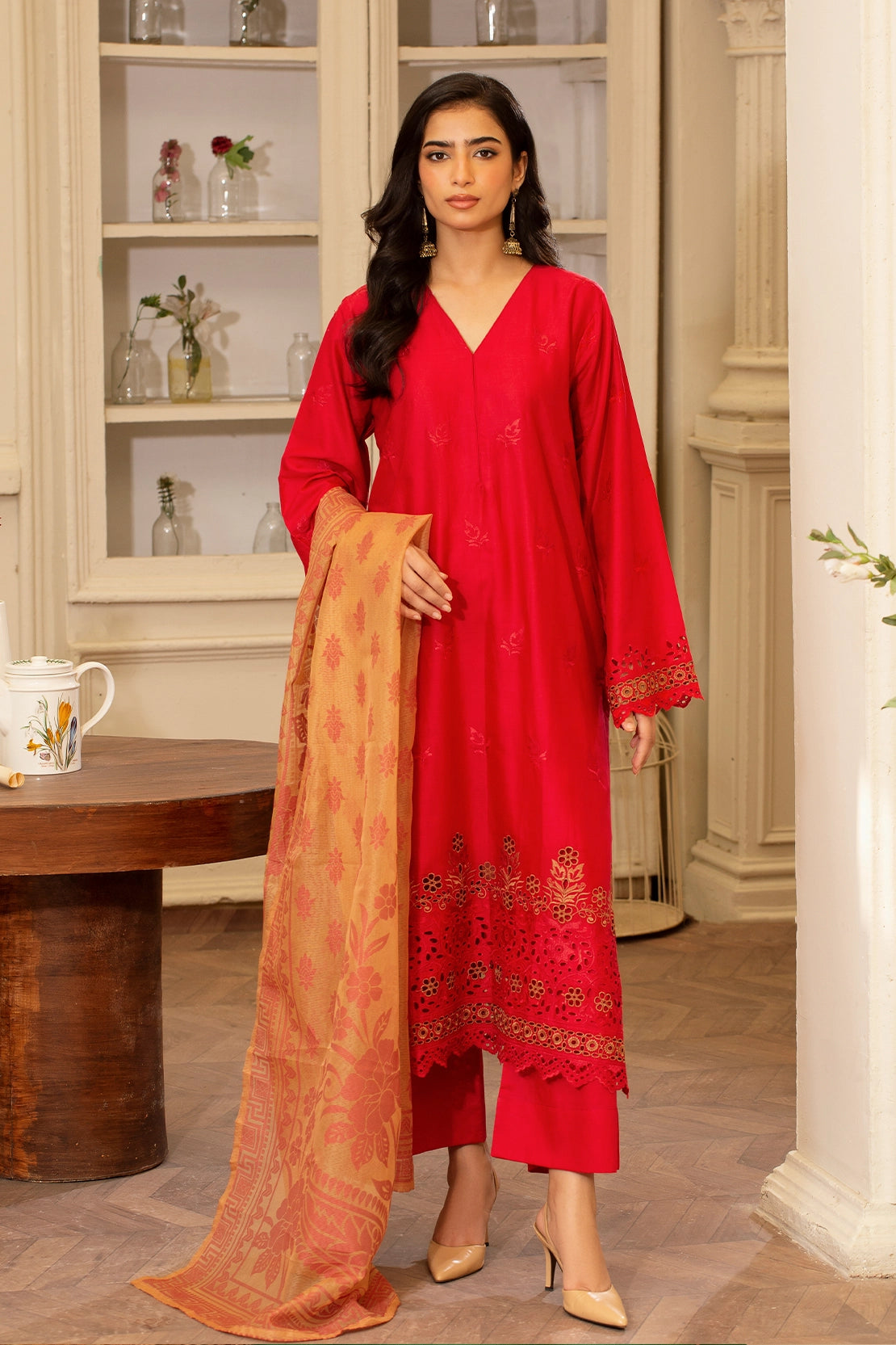 zari lawn Unstitched in Orange