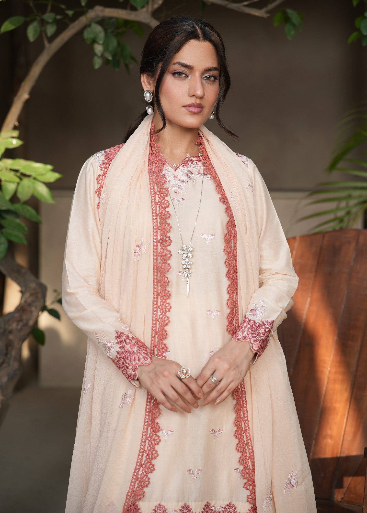 lawn Kurta Set in Apricot orange, peach pink