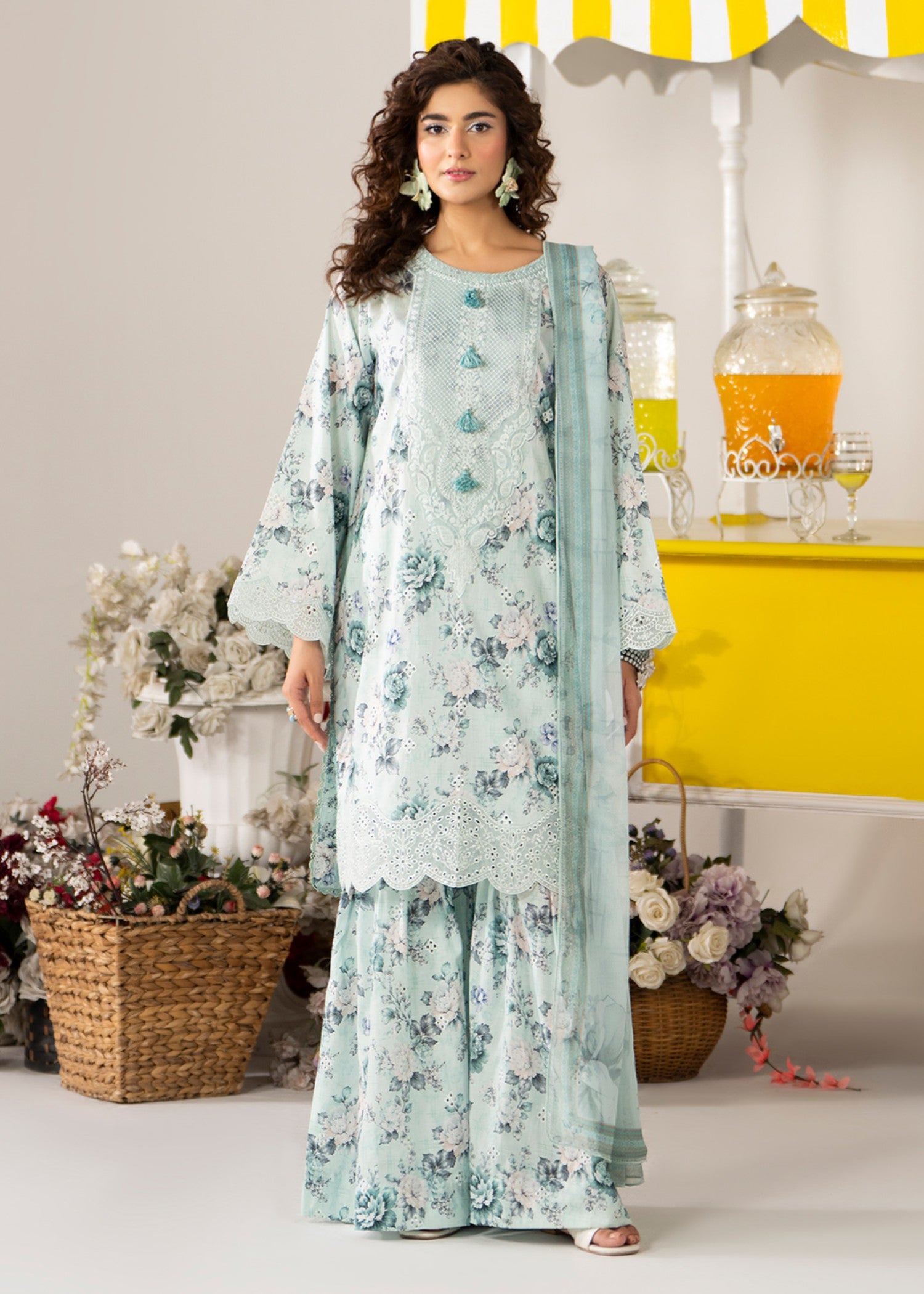 lawn cotton Sharara in Mint green, ice blue