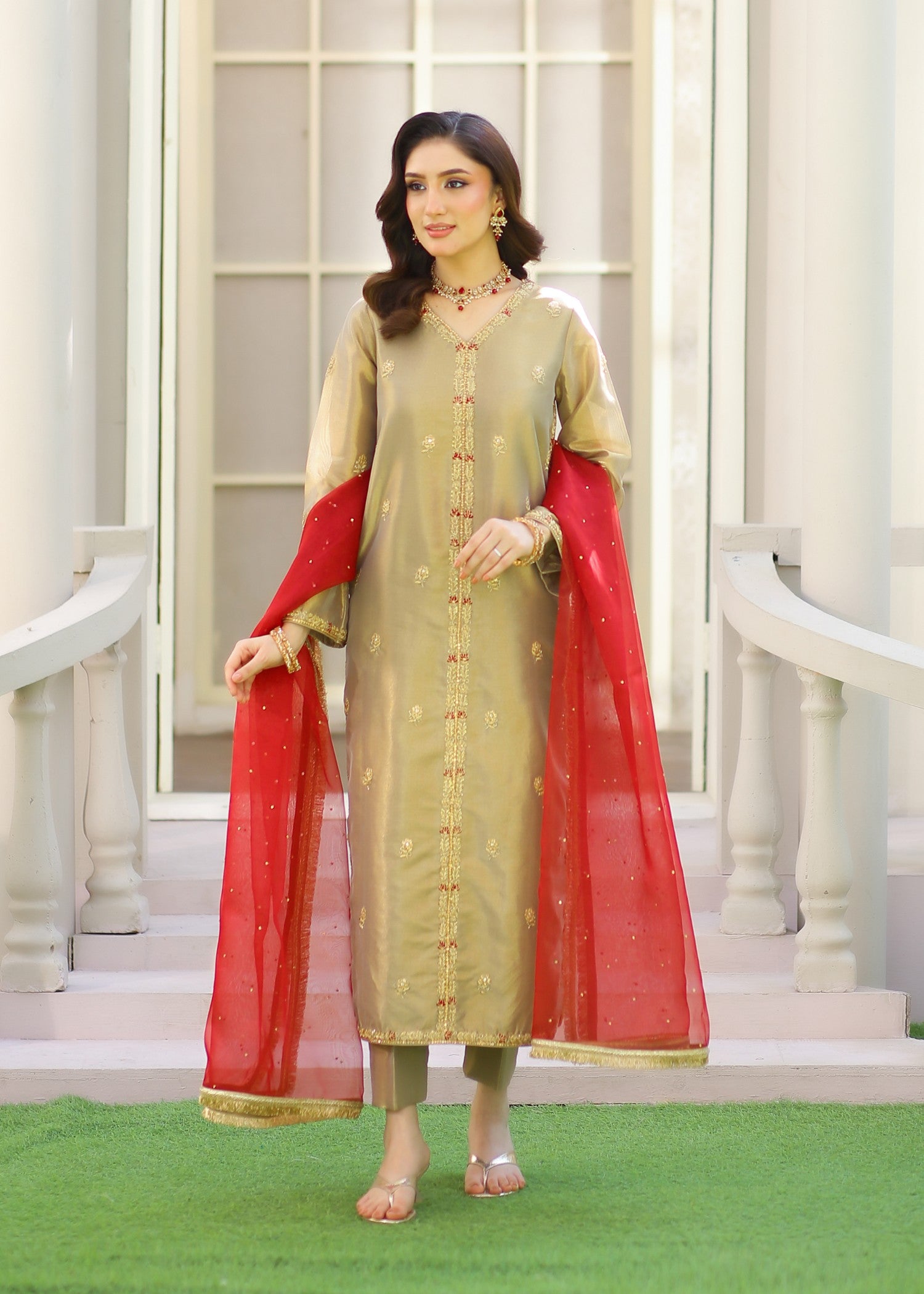 silk tissue Kurta Set in Mari gold
