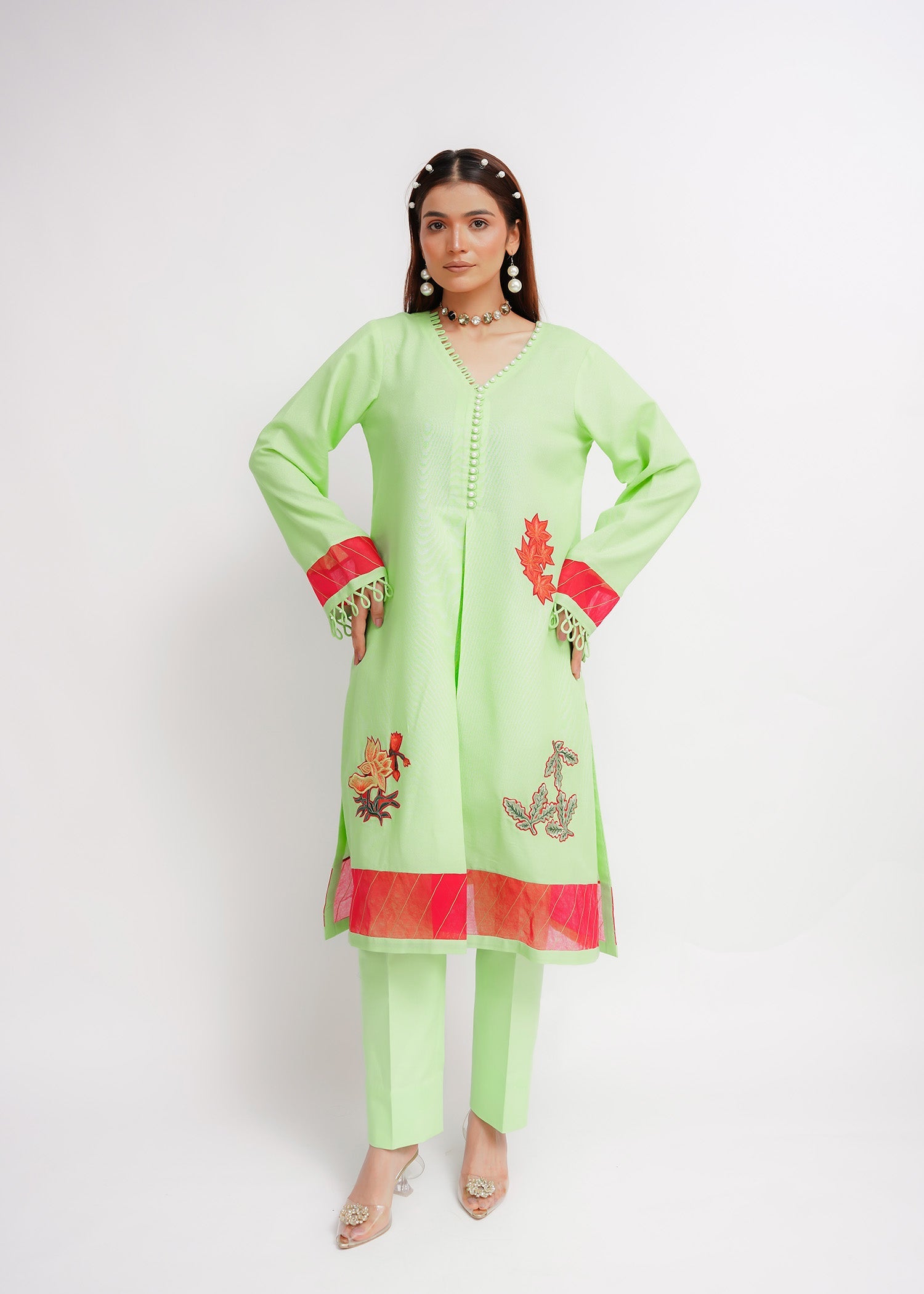 cotton Kurta Set in Apple green