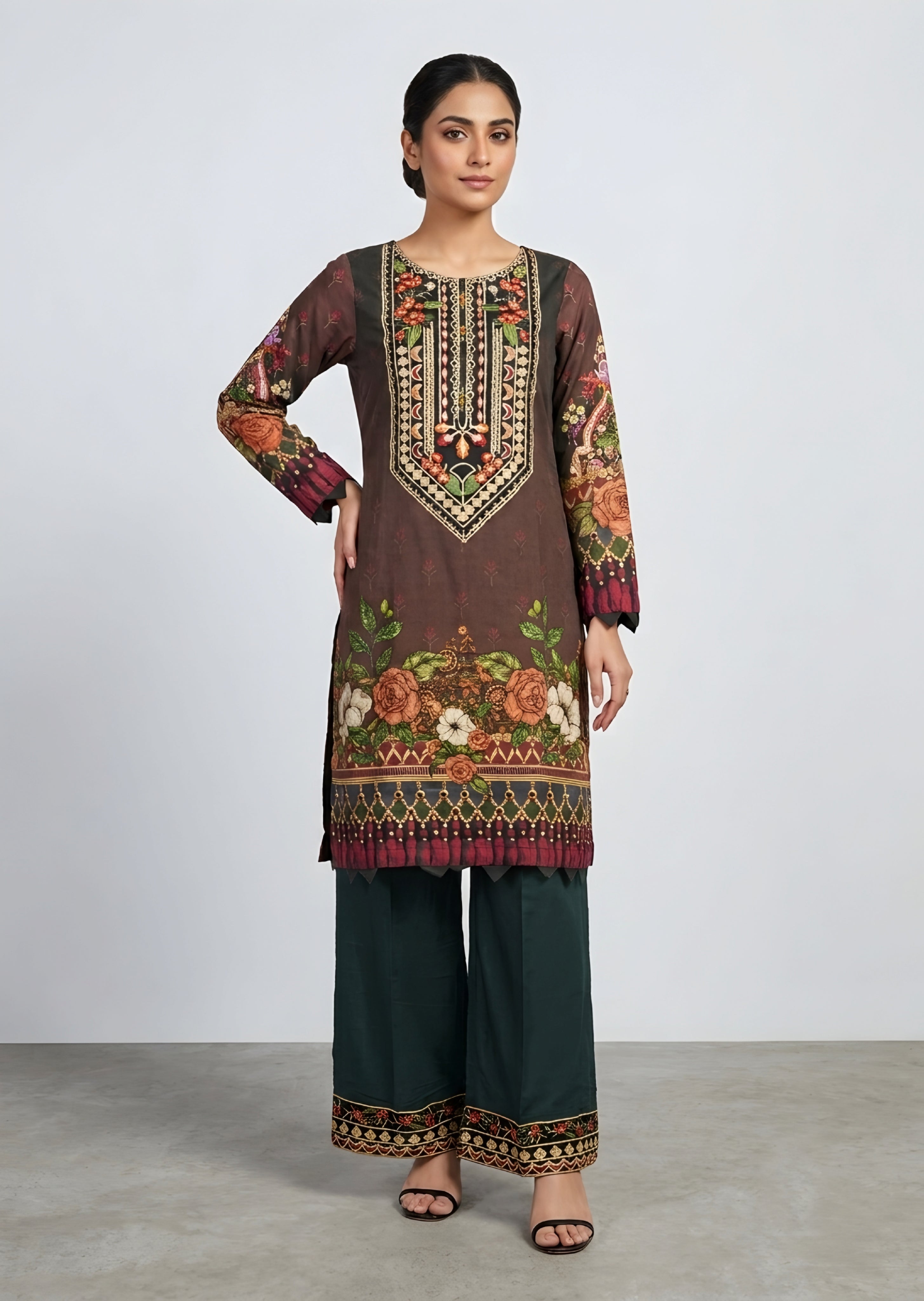 linen Kurta Set in Coffee brown, hunter green