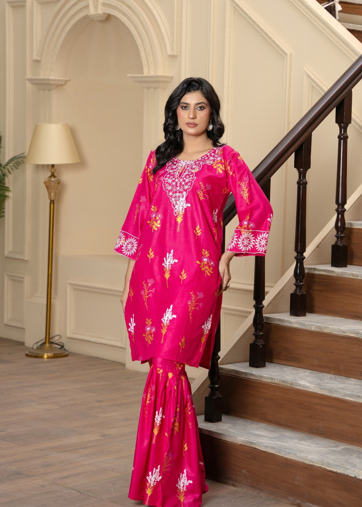 cambric Gharara in Hot pink