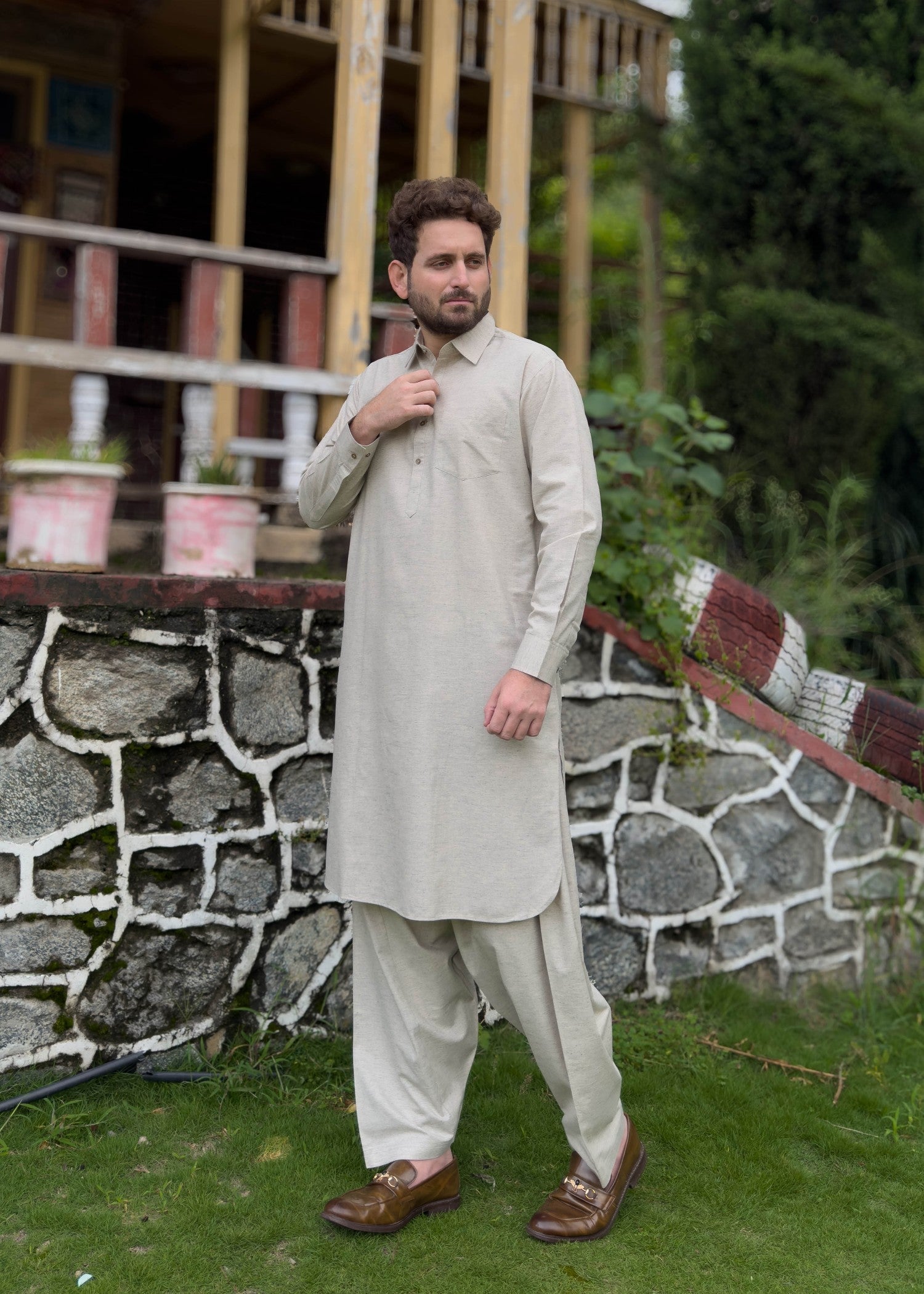 blended karandi Shalwar Kameez in Ivory