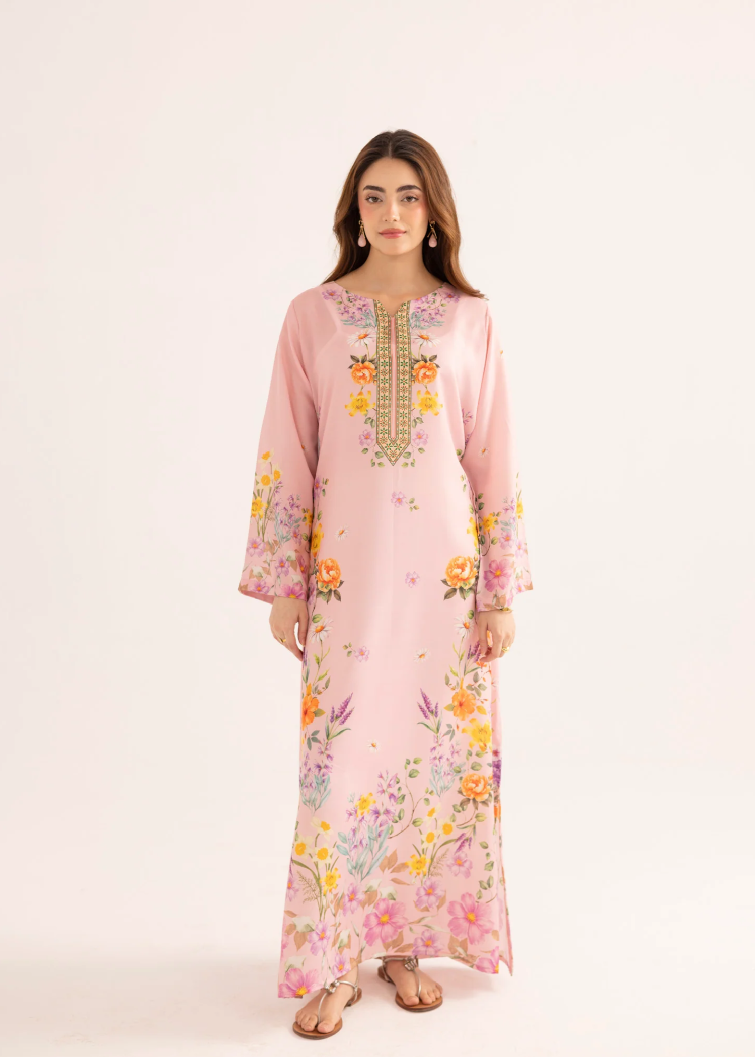 silk finish lawn Kaftan in Pink