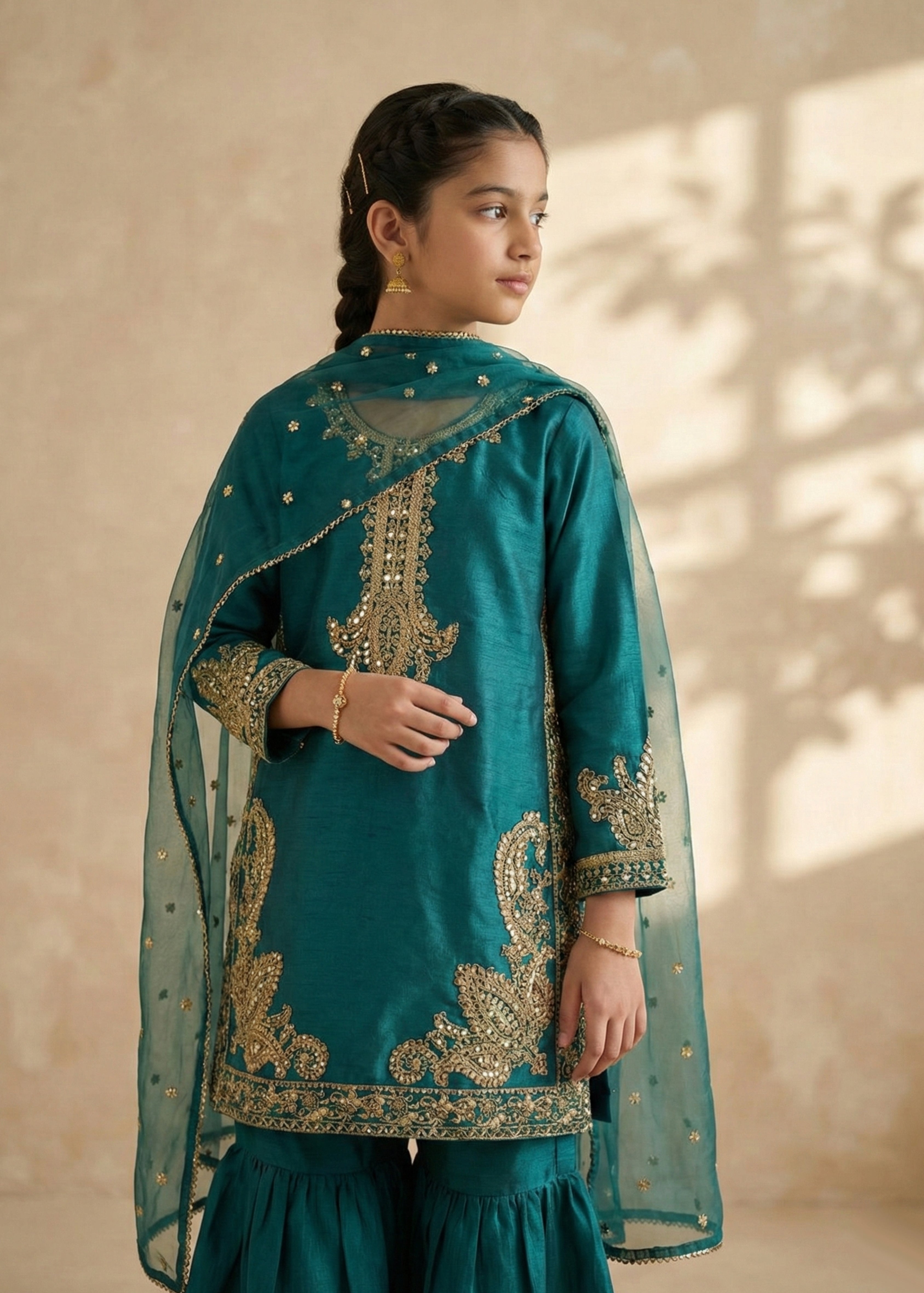 lawn Gharara in Sea green