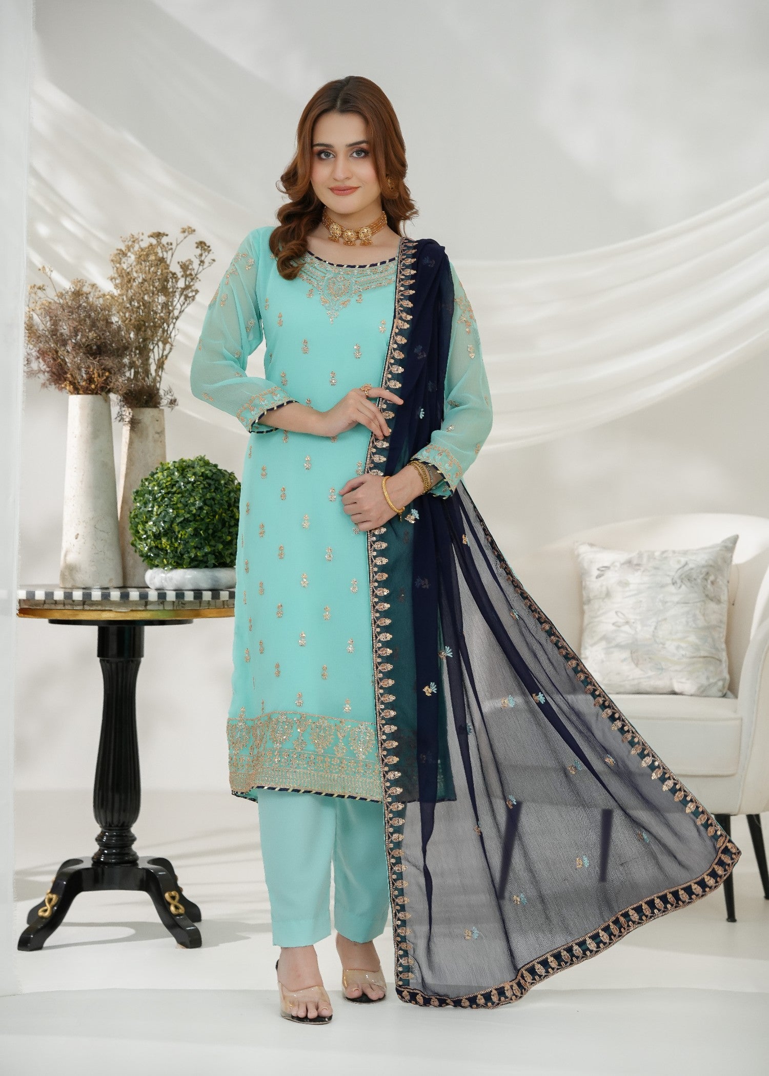 chiffon Kurta Set in Aquamarine, navy blue