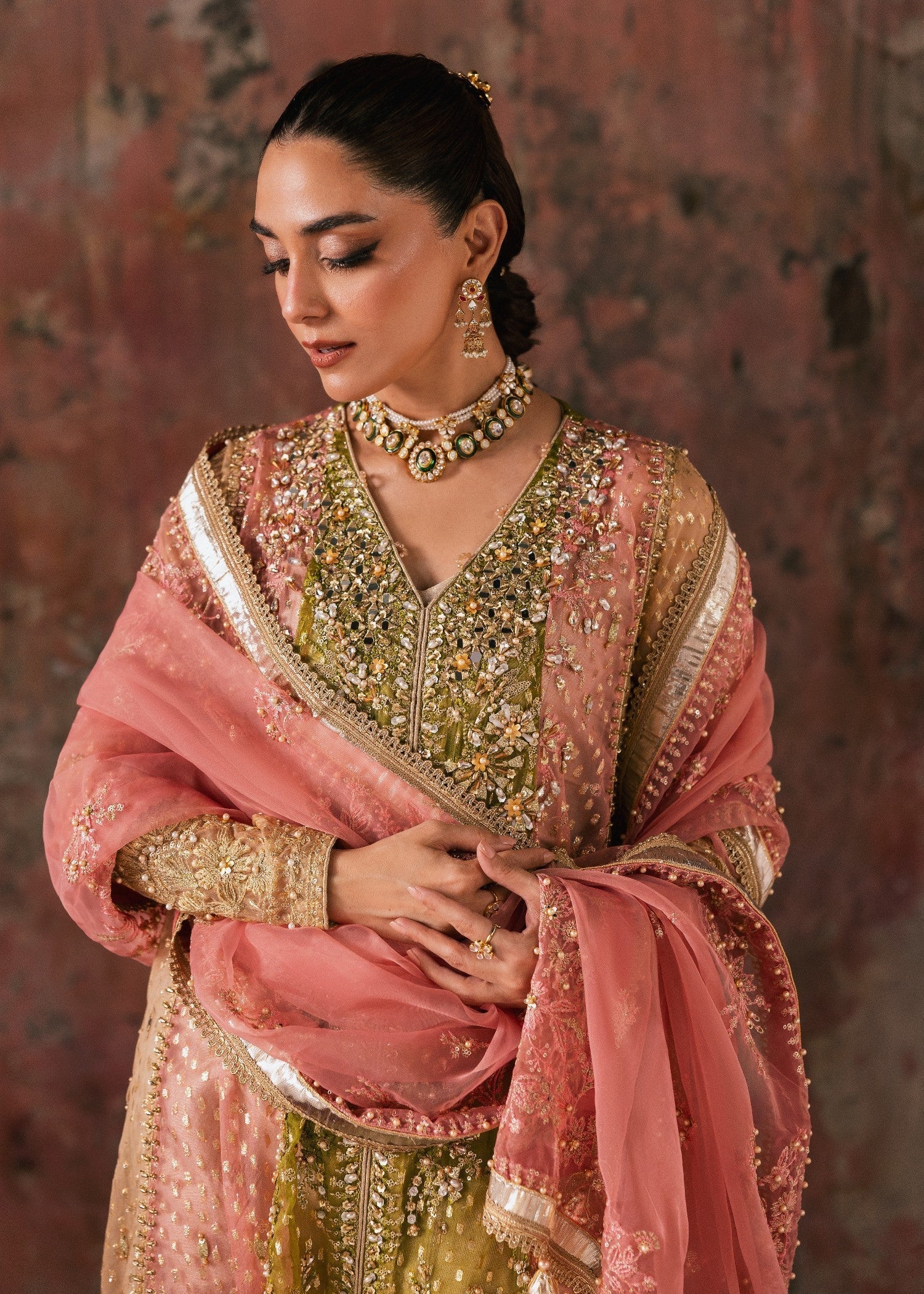 organza Pishwas in Olive green, coral orange
