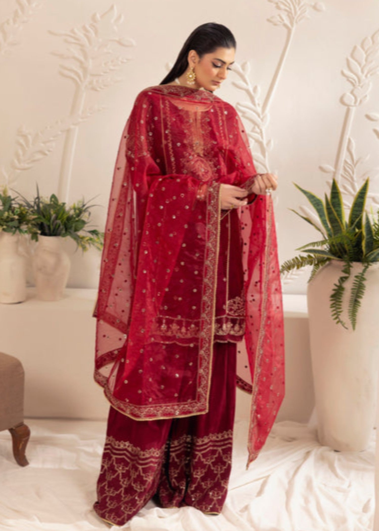 bemberg crinkle chiffon Gharara in Maroon