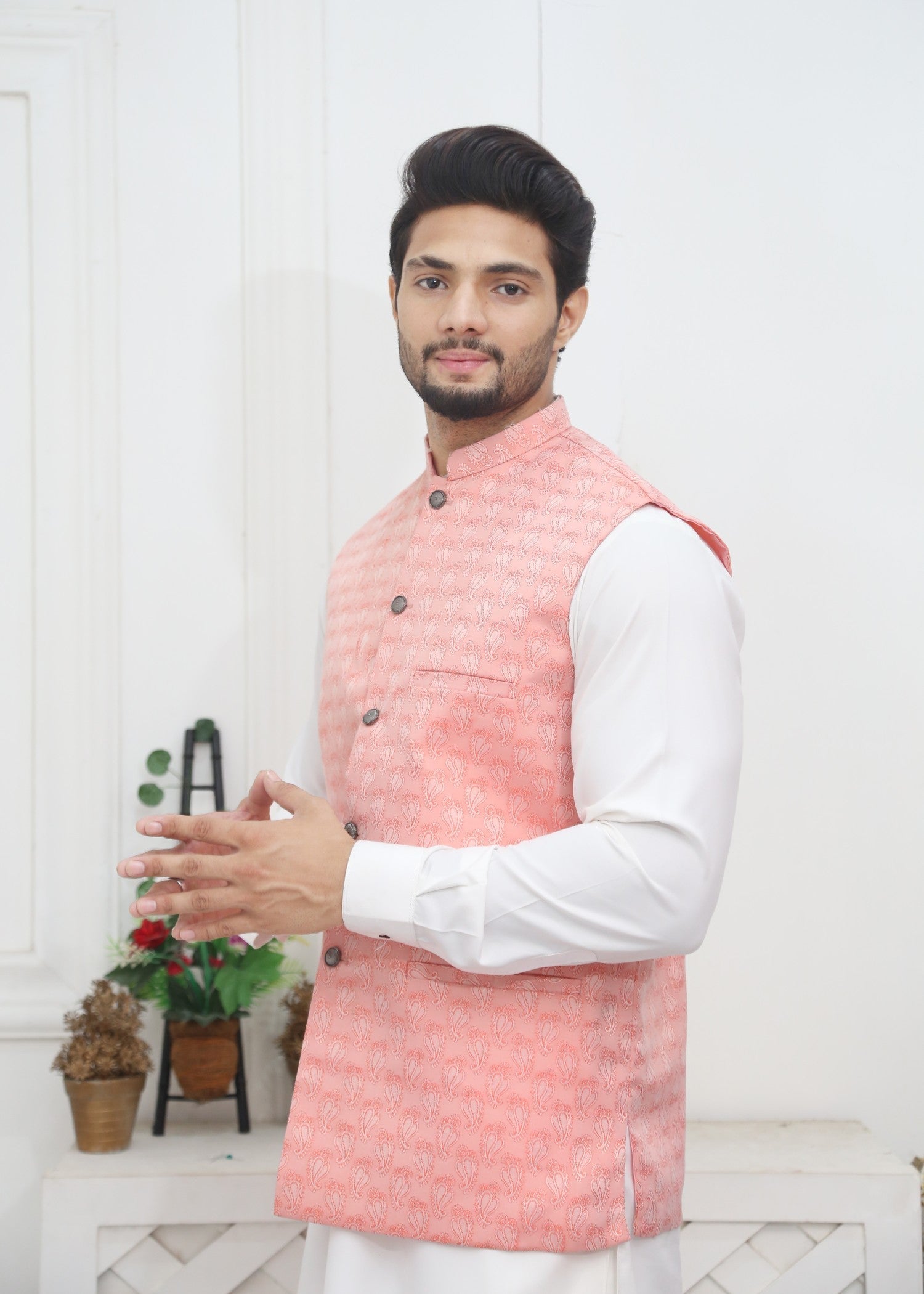 jamawar Waistcoat in Pink