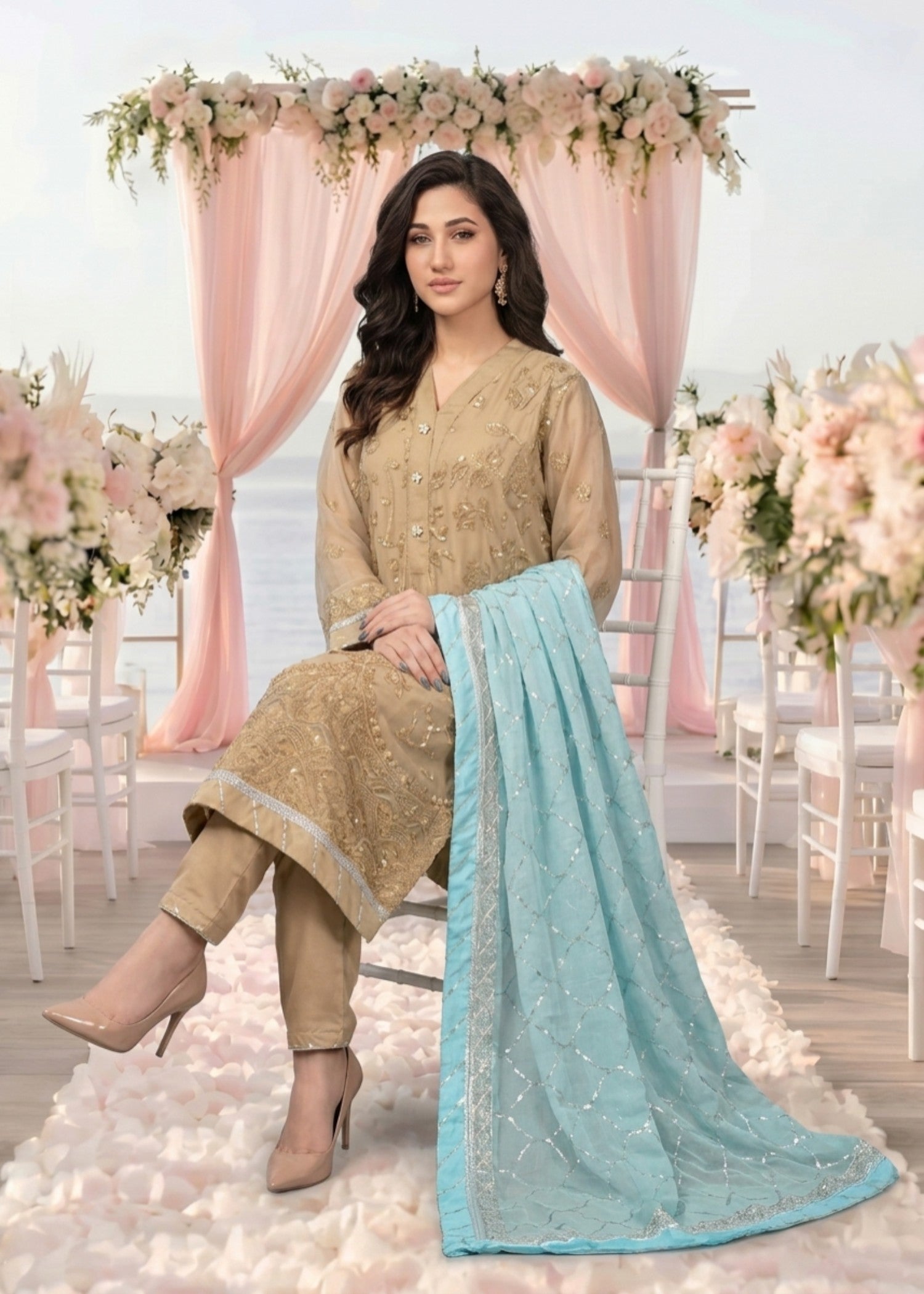 chiffon Kurta Set in Sand brown