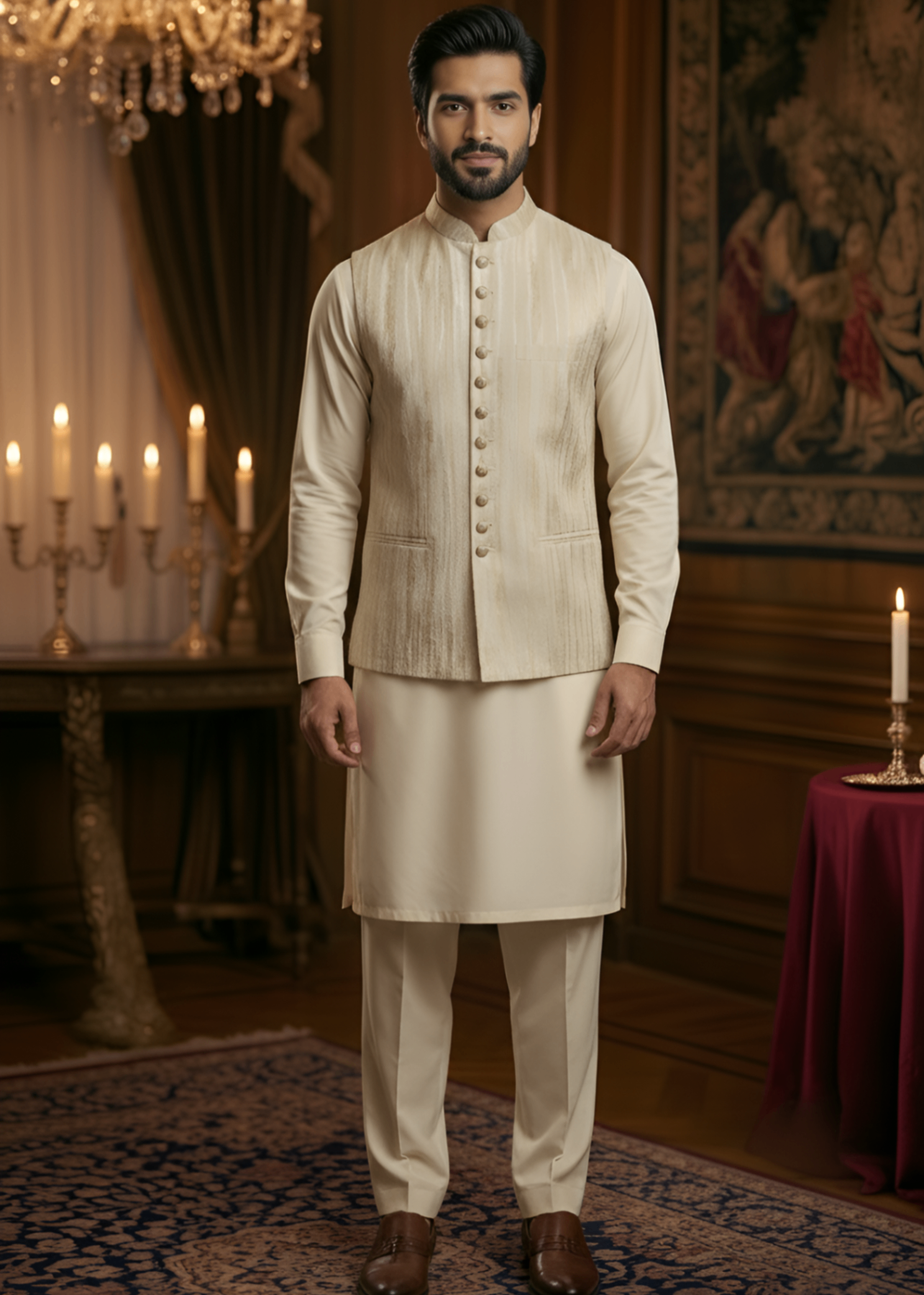 jamawar Waistcoat in Cream