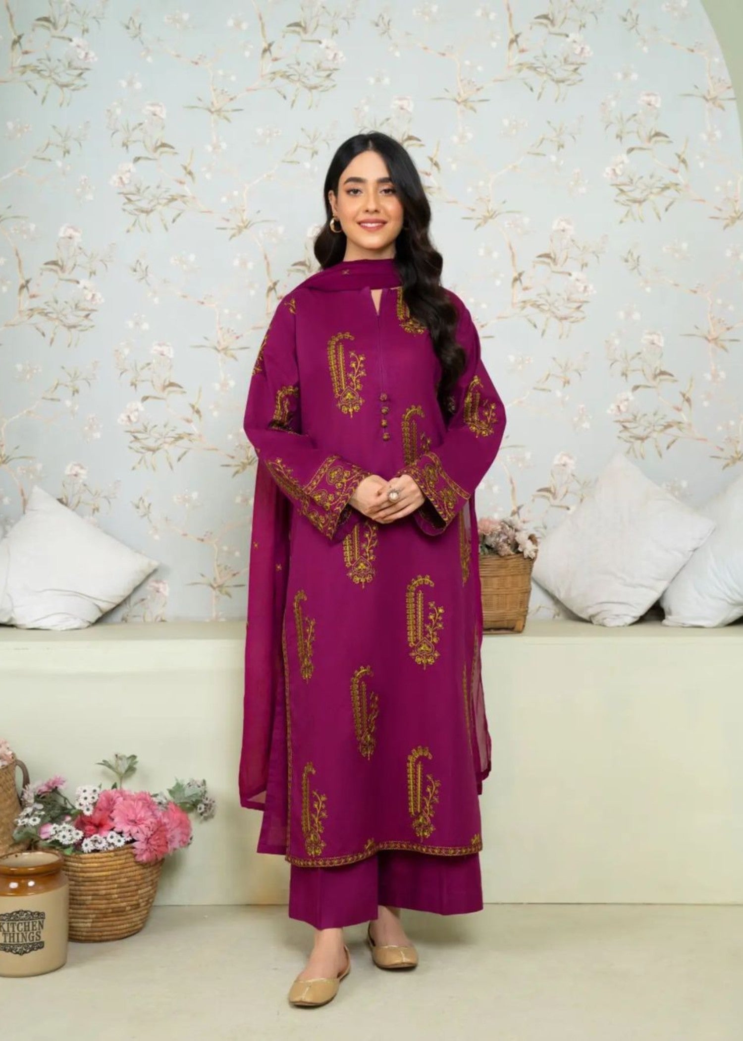 cambric Kurta Set in Fuchsia pink