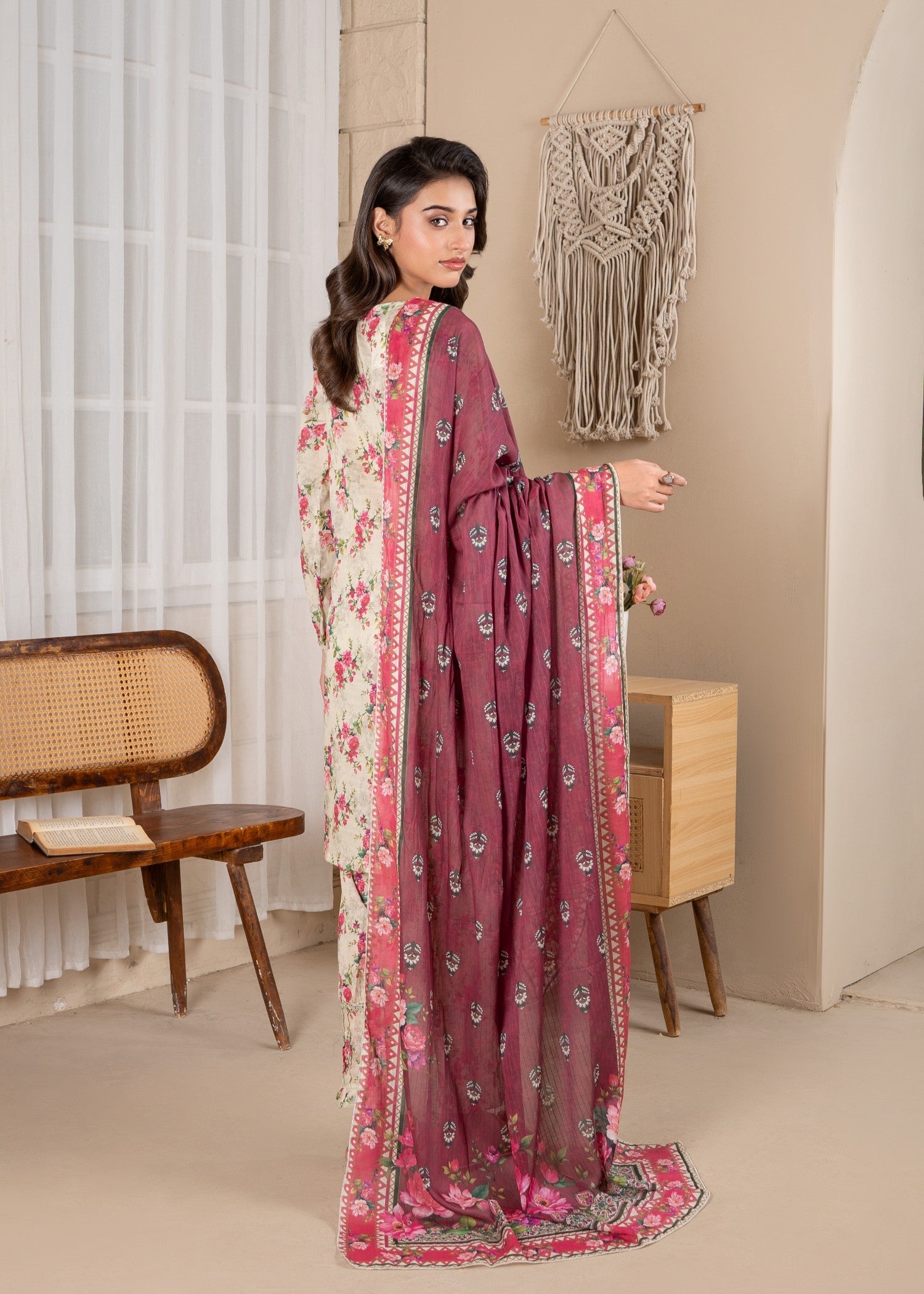 textured lawn Kurta Set in Cream
