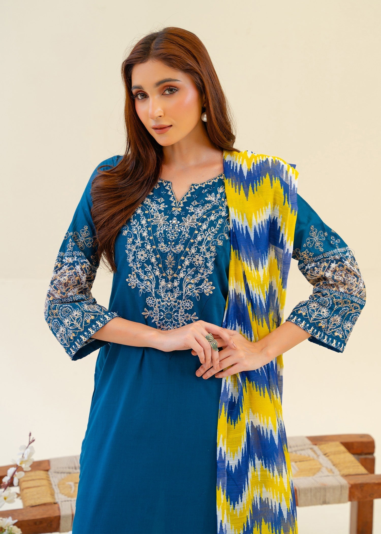 cambric Kurta Set in Teal