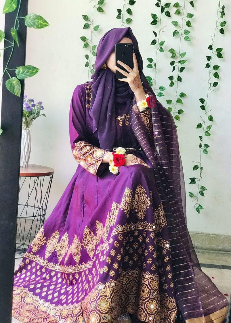 cotton satin Anarkali in Purple