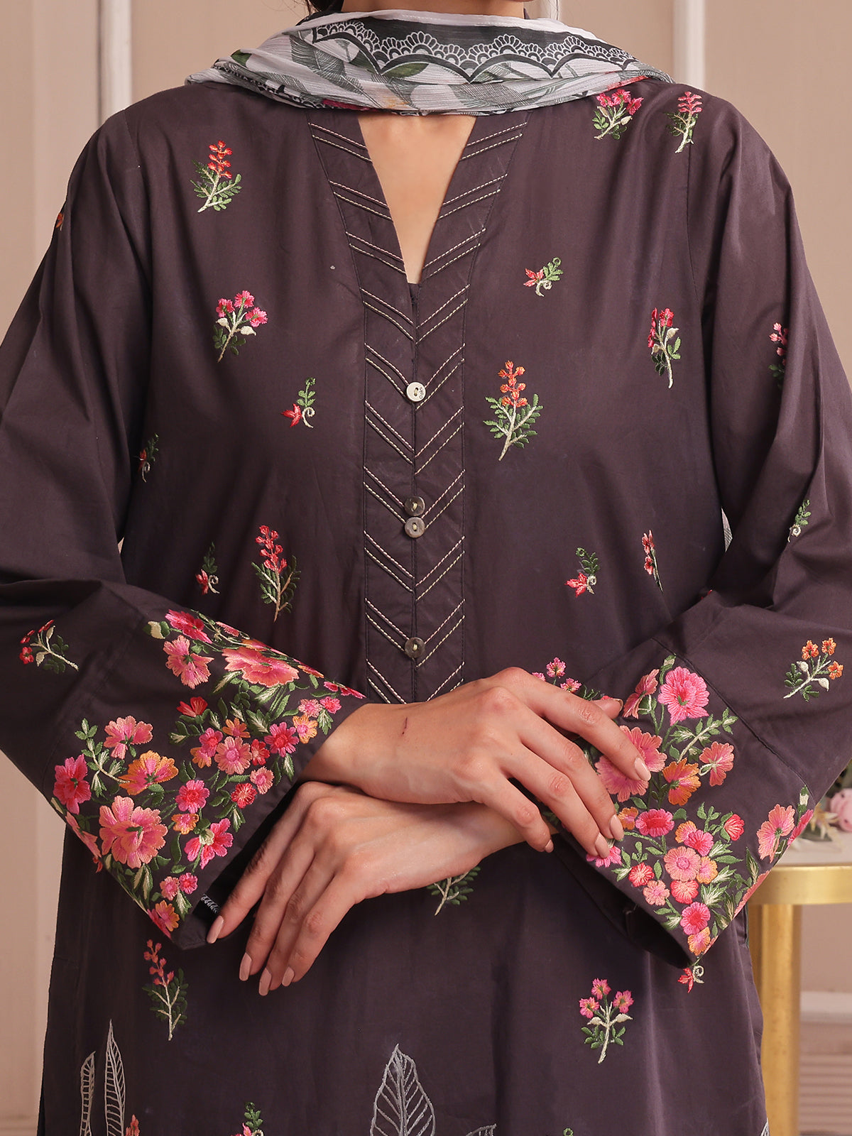 cambric Kurta Set in Dark brown