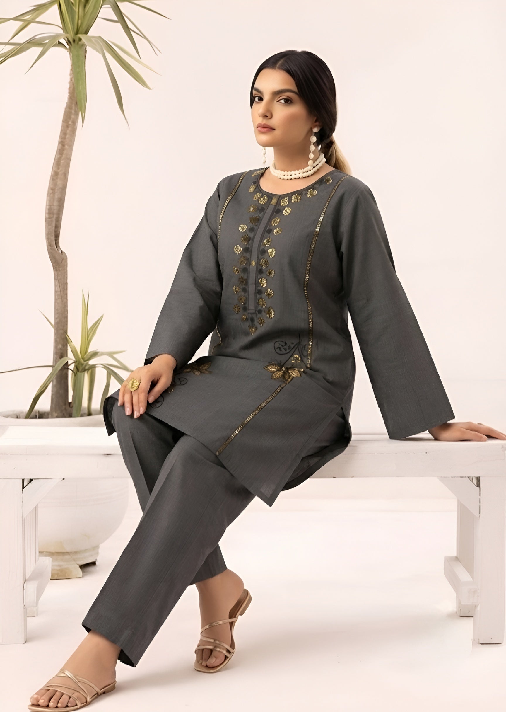 linen Kurta Set in Steal grey
