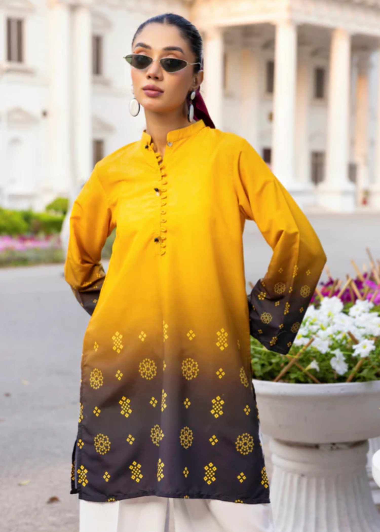 lawn Kurti in Black, school bus yellow
